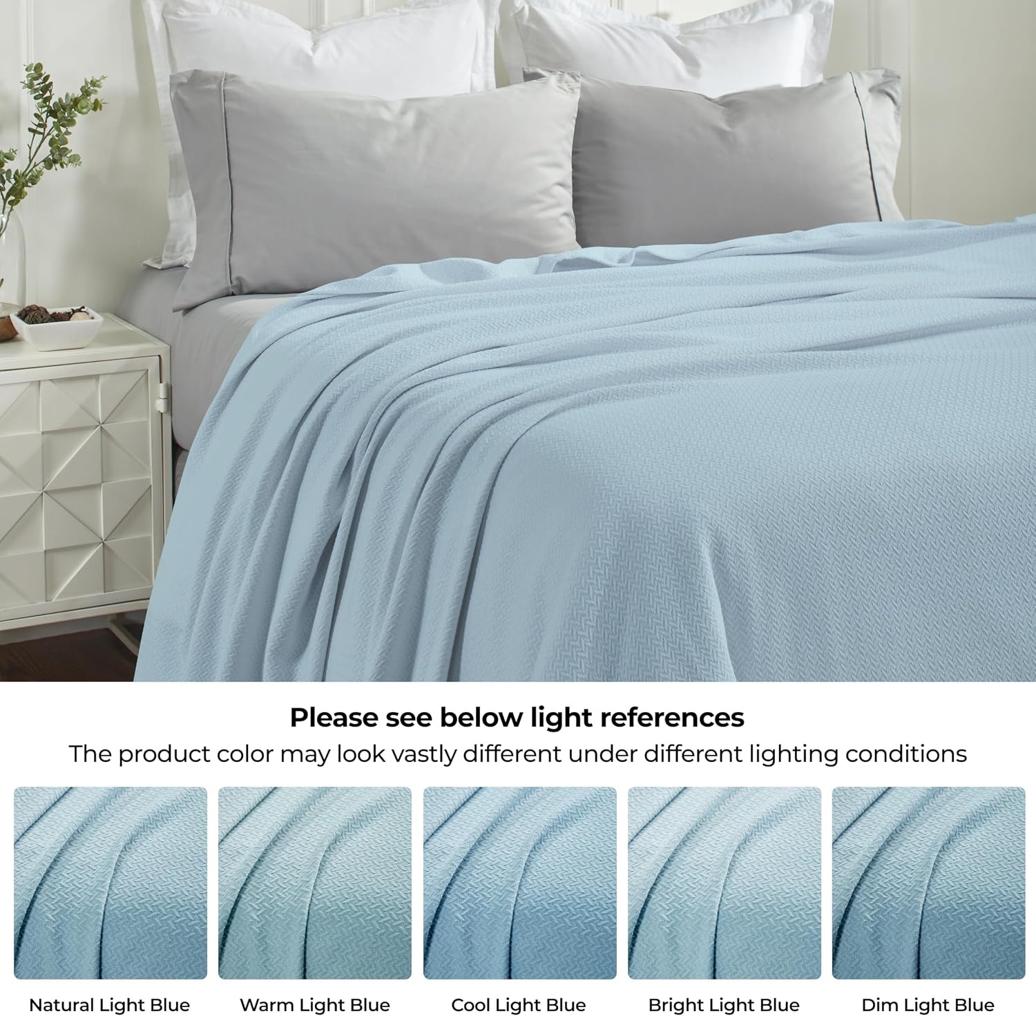 image:imageSUPERIOR Nobel Cotton Blanket for Picnic Beach Traveling or Camping Bedroom Essentials Cover for Bed Couch Lounging Textured Jacquard Classic Chevron Woven Blanket California King WhiteLight Blue