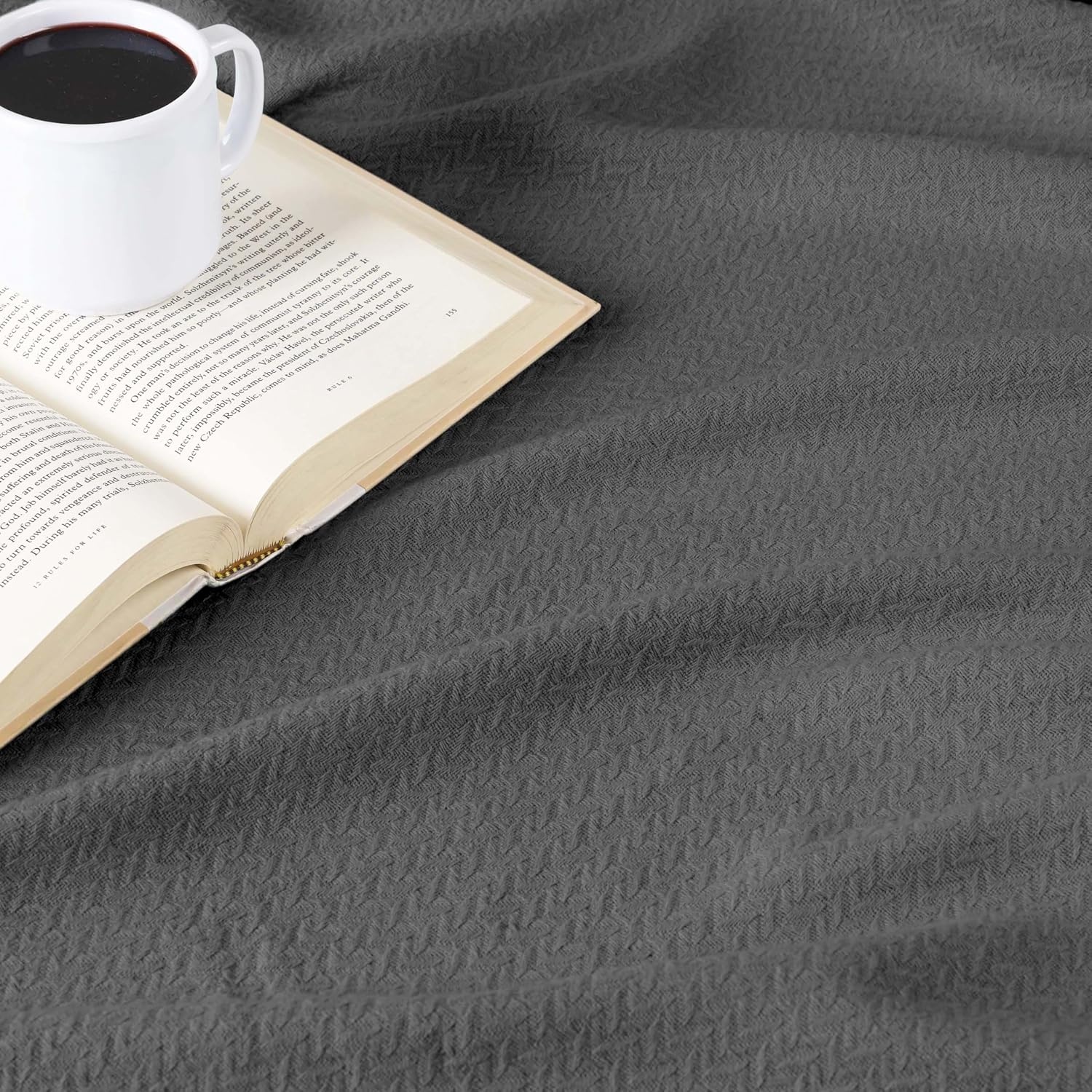image:imageSUPERIOR Nobel Cotton Blanket for Picnic Beach Traveling or Camping Bedroom Essentials Cover for Bed Couch Lounging Textured Jacquard Classic Chevron Woven Blanket California King WhiteCharcoal