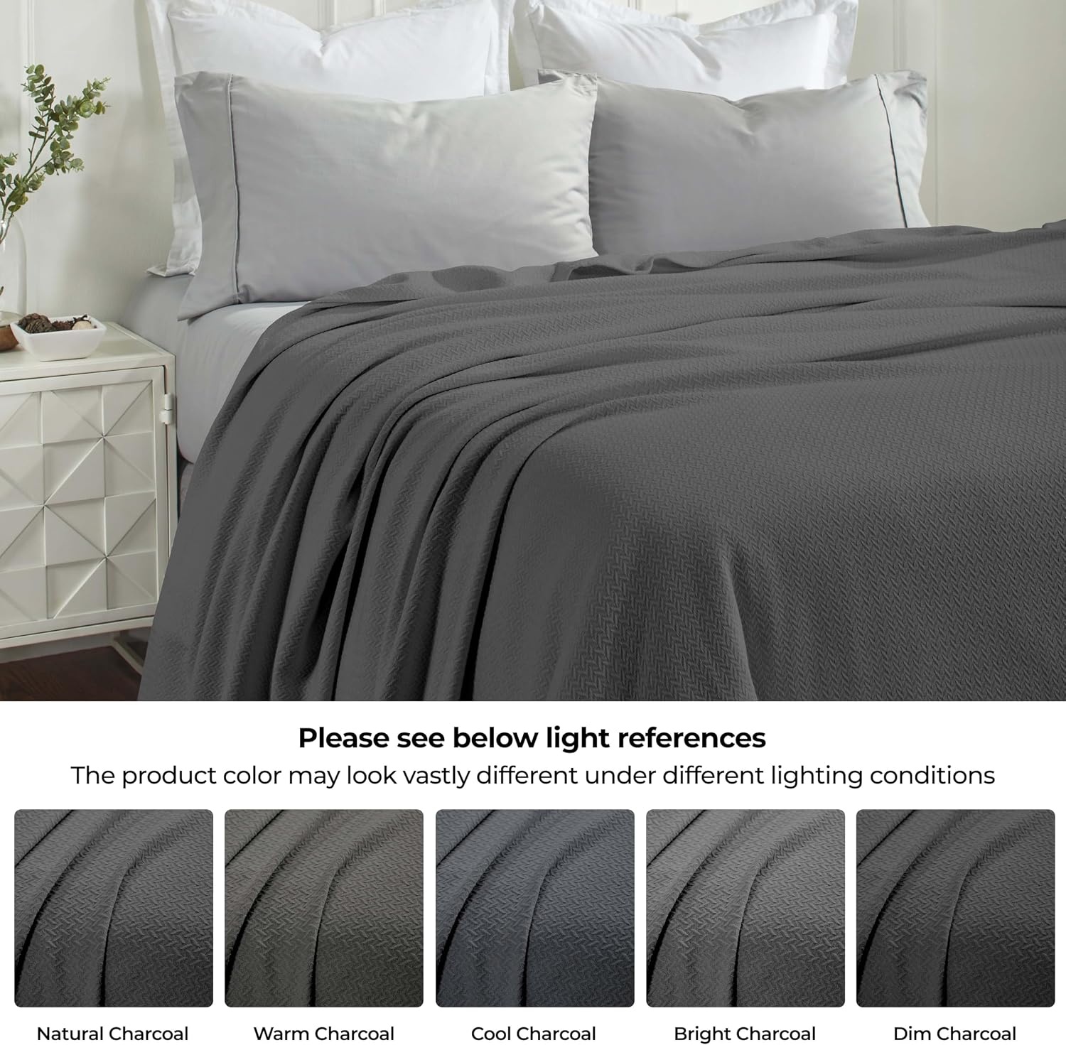 image:imageSUPERIOR Nobel Cotton Blanket for Picnic Beach Traveling or Camping Bedroom Essentials Cover for Bed Couch Lounging Textured Jacquard Classic Chevron Woven Blanket California King WhiteCharcoal