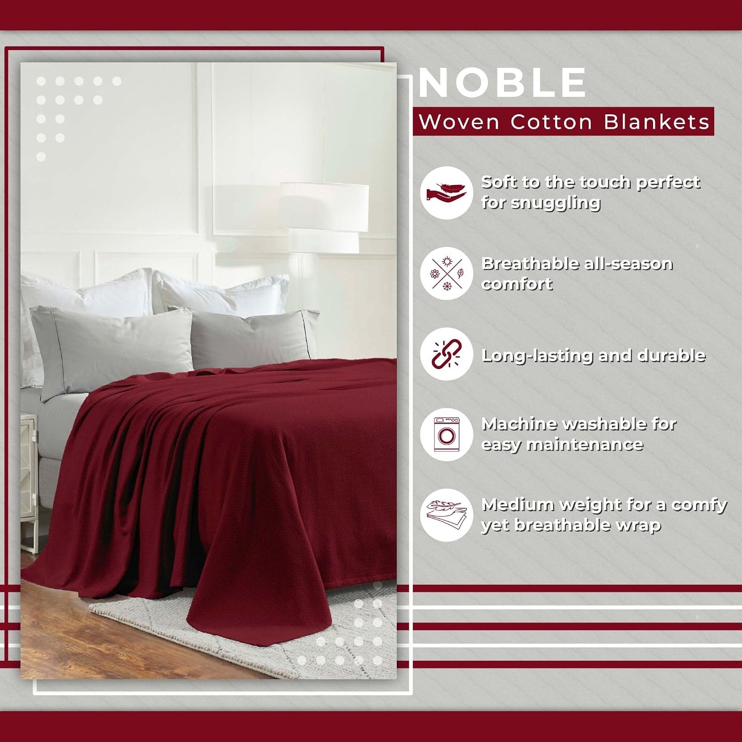 image:imageSUPERIOR Nobel Cotton Blanket for Picnic Beach Traveling or Camping Bedroom Essentials Cover for Bed Couch Lounging Textured Jacquard Classic Chevron Woven Blanket California King WhiteBurgundy