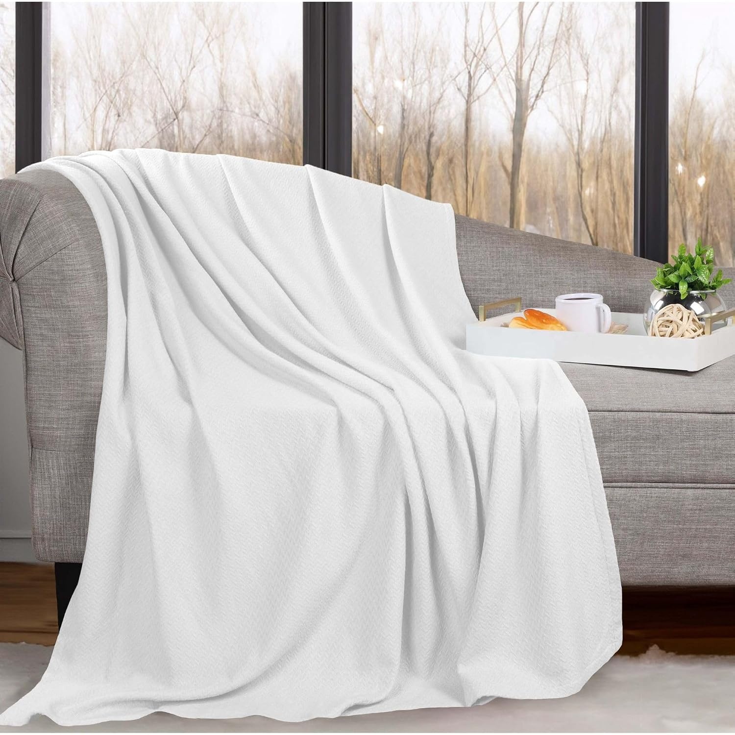 image:imageSUPERIOR Nobel Cotton Blanket for Picnic Beach Traveling or Camping Bedroom Essentials Cover for Bed Couch Lounging Textured Jacquard Classic Chevron Woven Blanket California King WhiteWhite