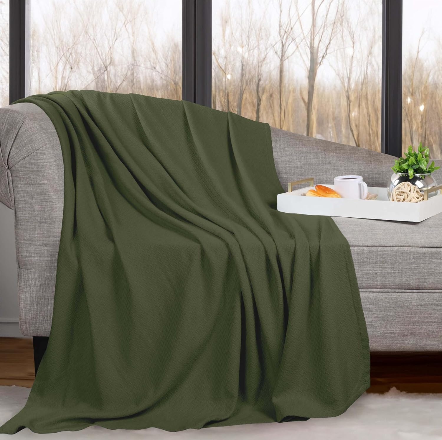 image:imageSUPERIOR Nobel Cotton Blanket for Picnic Beach Traveling or Camping Bedroom Essentials Cover for Bed Couch Lounging Textured Jacquard Classic Chevron Woven Blanket California King WhiteForest Green