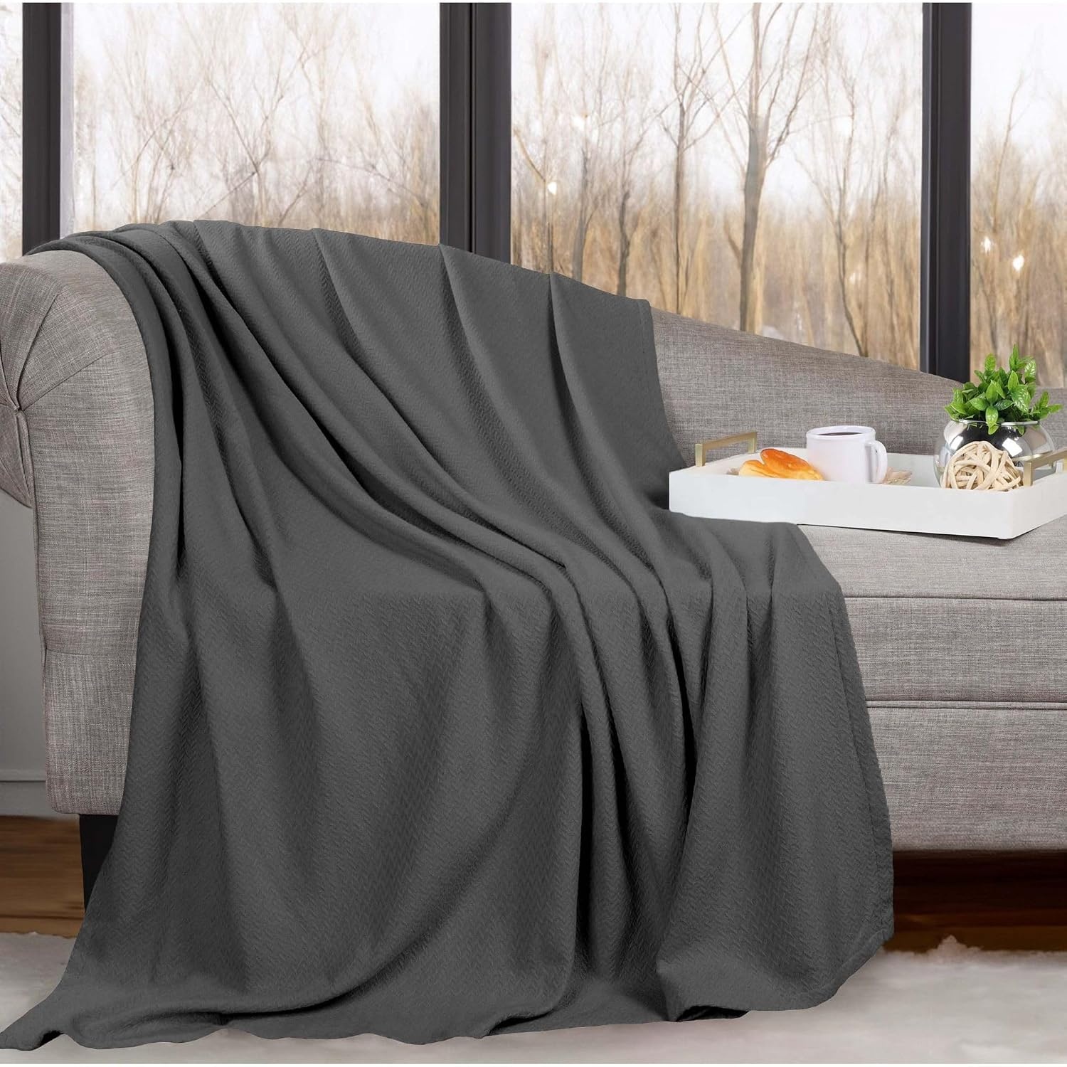 image:imageSUPERIOR Nobel Cotton Blanket for Picnic Beach Traveling or Camping Bedroom Essentials Cover for Bed Couch Lounging Textured Jacquard Classic Chevron Woven Blanket California King WhiteCharcoal