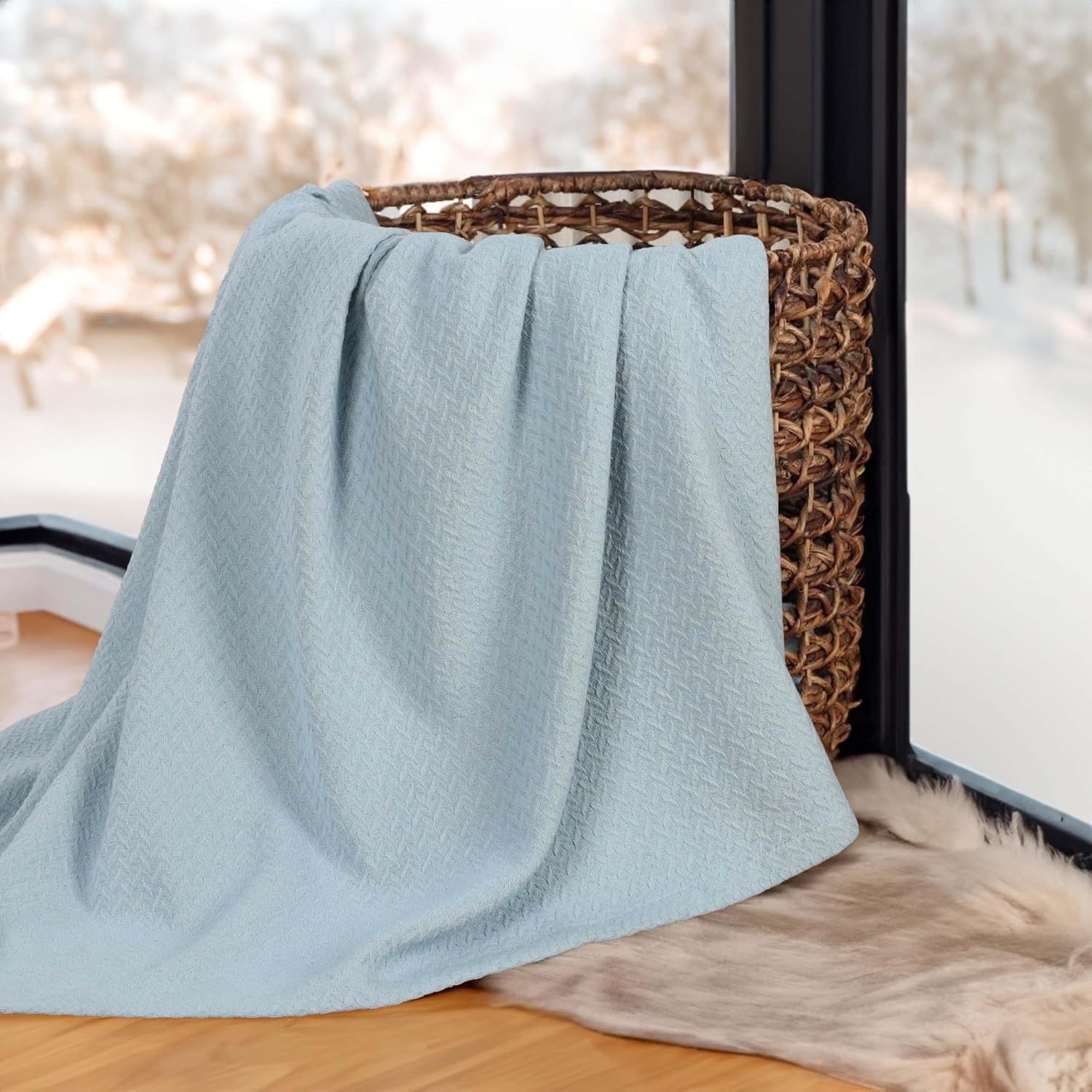 image:imageSUPERIOR Nobel Cotton Blanket for Picnic Beach Traveling or Camping Bedroom Essentials Cover for Bed Couch Lounging Textured Jacquard Classic Chevron Woven Blanket California King WhiteLight Blue
