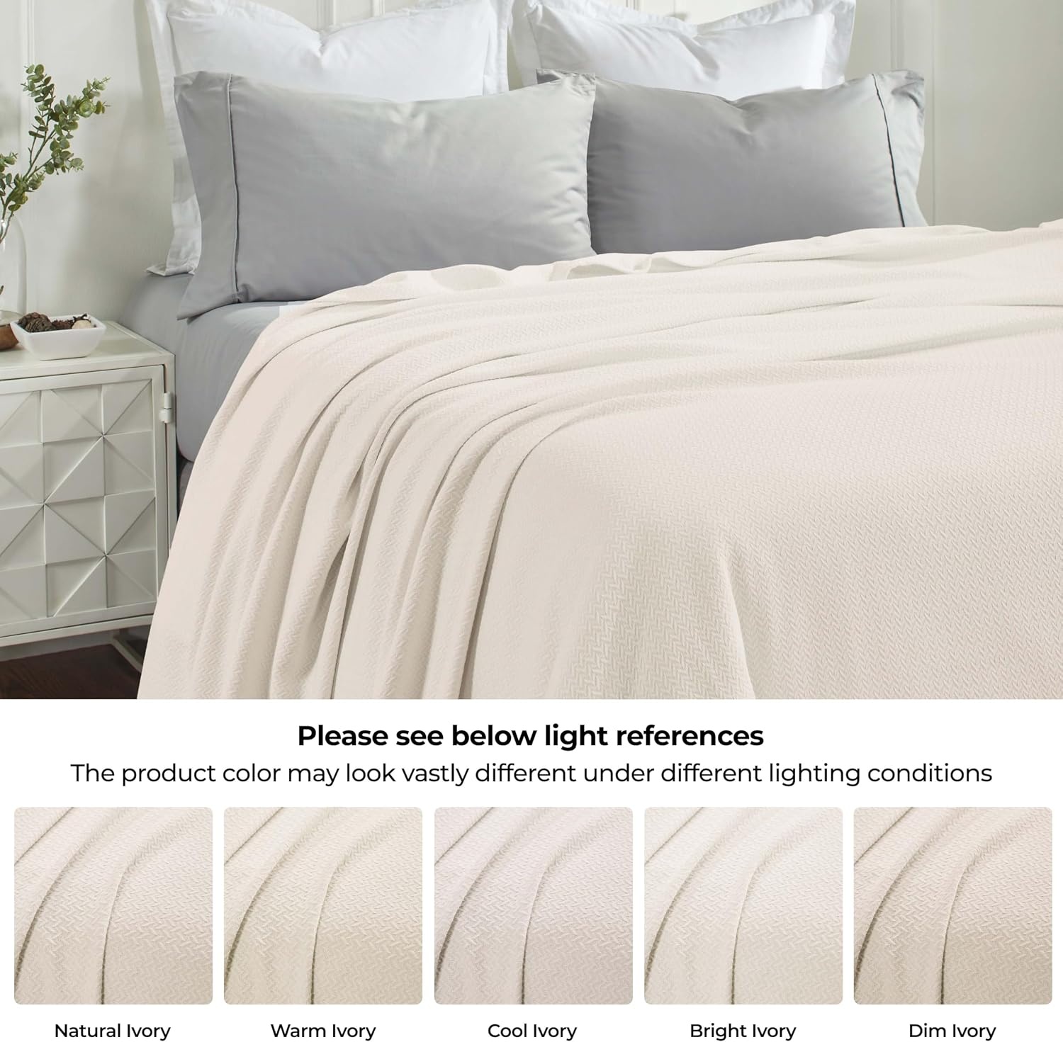 image:imageSUPERIOR Nobel Cotton Blanket for Picnic Beach Traveling or Camping Bedroom Essentials Cover for Bed Couch Lounging Textured Jacquard Classic Chevron Woven Blanket California King WhiteIvory