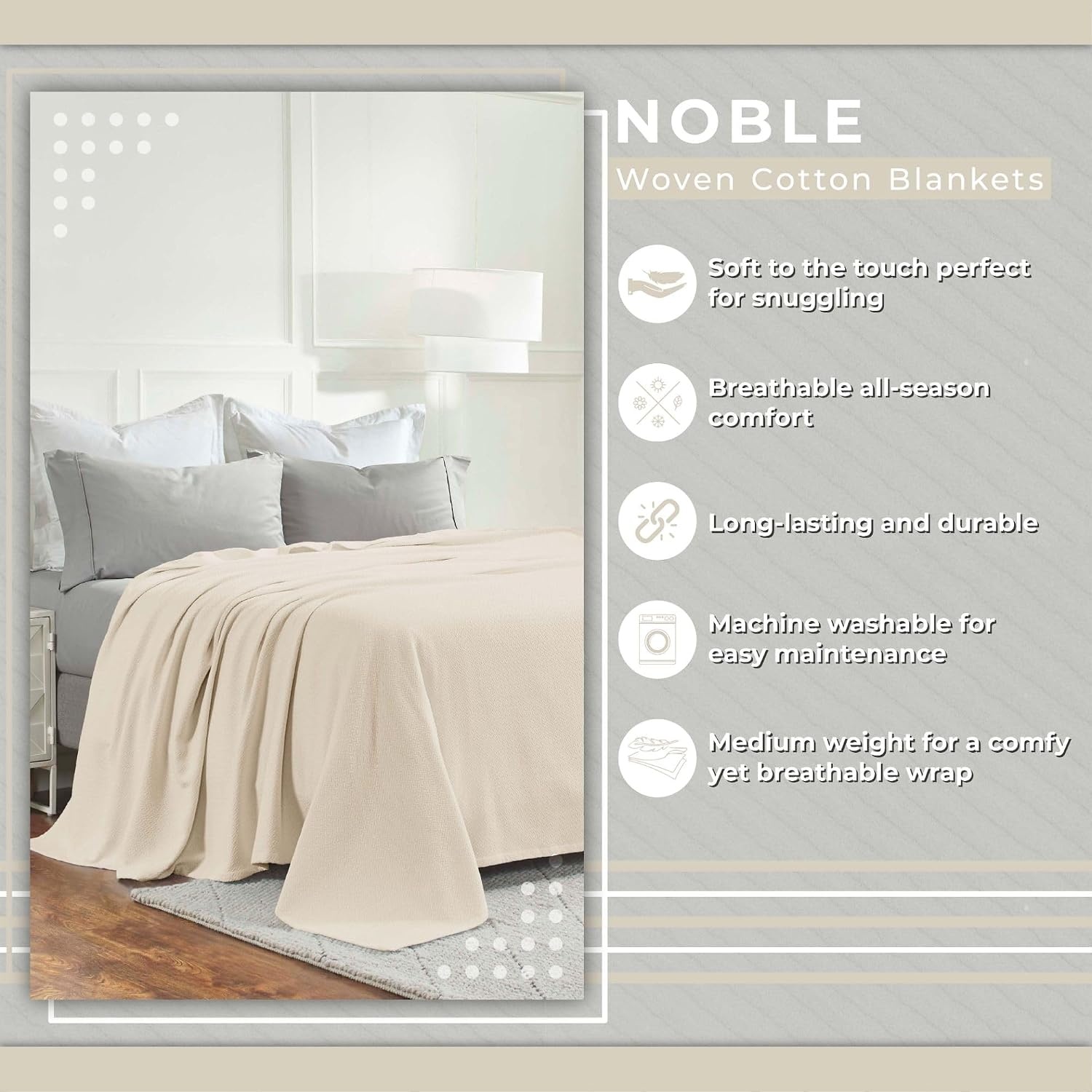 image:imageSUPERIOR Nobel Cotton Blanket for Picnic Beach Traveling or Camping Bedroom Essentials Cover for Bed Couch Lounging Textured Jacquard Classic Chevron Woven Blanket California King WhiteIvory