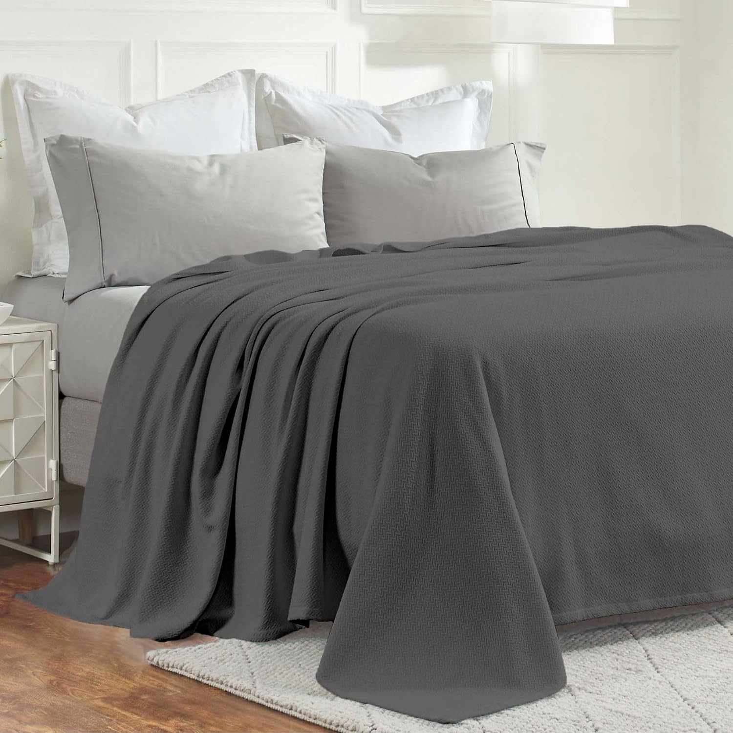 image:imageSUPERIOR Nobel Cotton Blanket for Picnic Beach Traveling or Camping Bedroom Essentials Cover for Bed Couch Lounging Textured Jacquard Classic Chevron Woven Blanket California King WhiteCharcoal