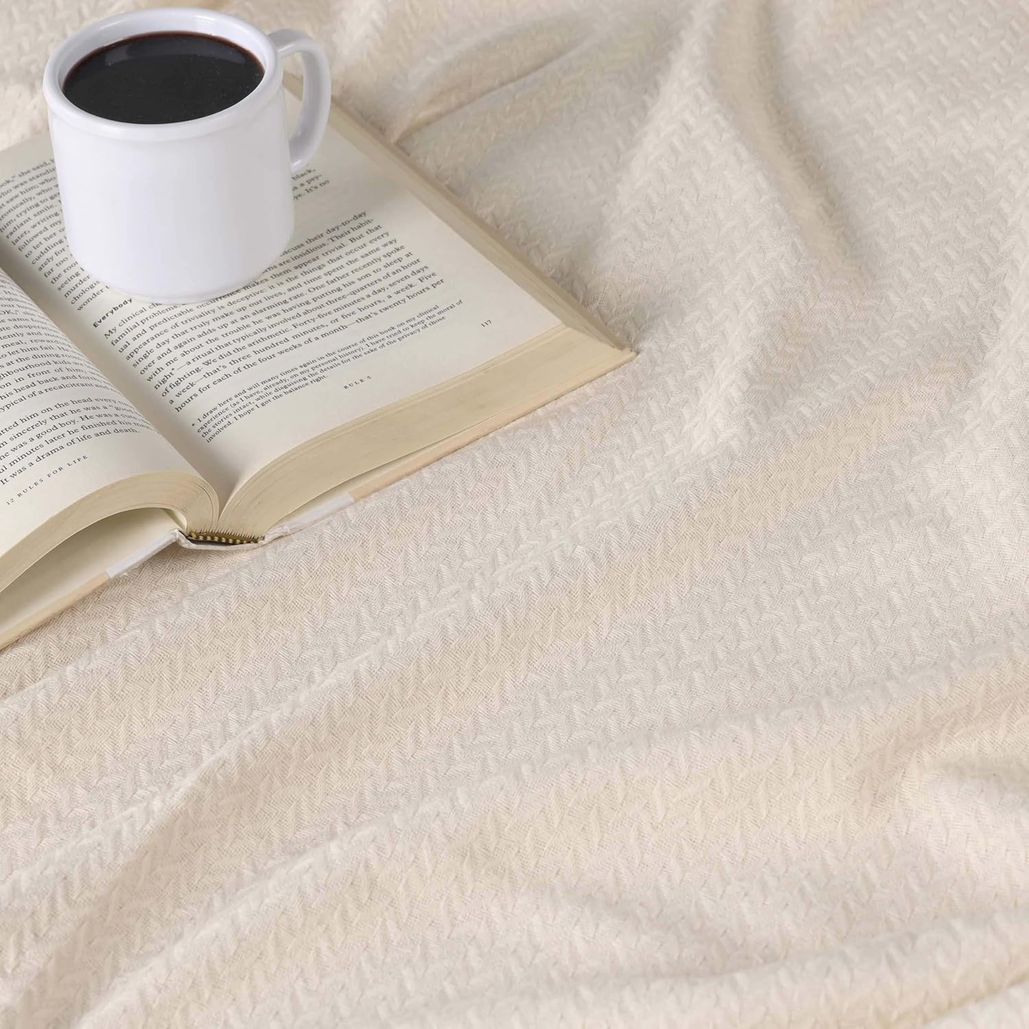 image:imageSUPERIOR Nobel Cotton Blanket for Picnic Beach Traveling or Camping Bedroom Essentials Cover for Bed Couch Lounging Textured Jacquard Classic Chevron Woven Blanket California King WhiteIvory