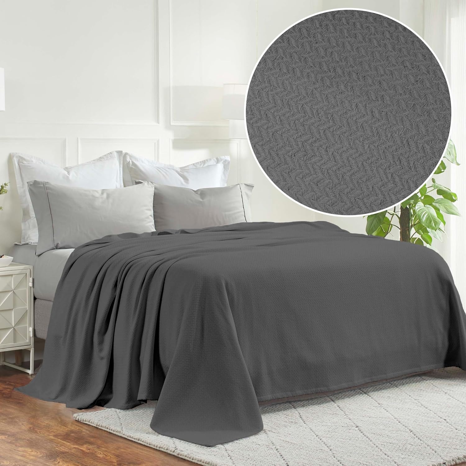 image:imageSUPERIOR Nobel Cotton Blanket for Picnic Beach Traveling or Camping Bedroom Essentials Cover for Bed Couch Lounging Textured Jacquard Classic Chevron Woven Blanket California King WhiteCharcoal