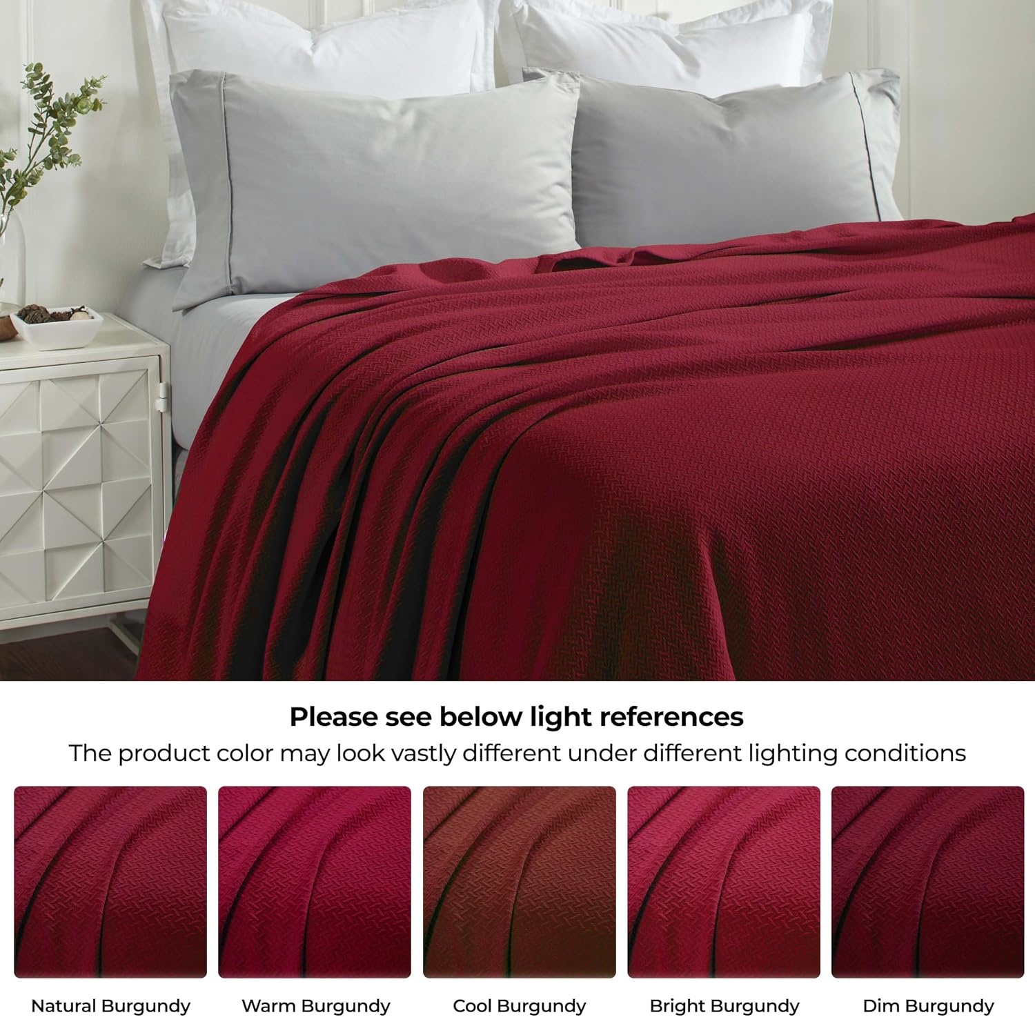 image:imageSUPERIOR Nobel Cotton Blanket for Picnic Beach Traveling or Camping Bedroom Essentials Cover for Bed Couch Lounging Textured Jacquard Classic Chevron Woven Blanket California King WhiteBurgundy