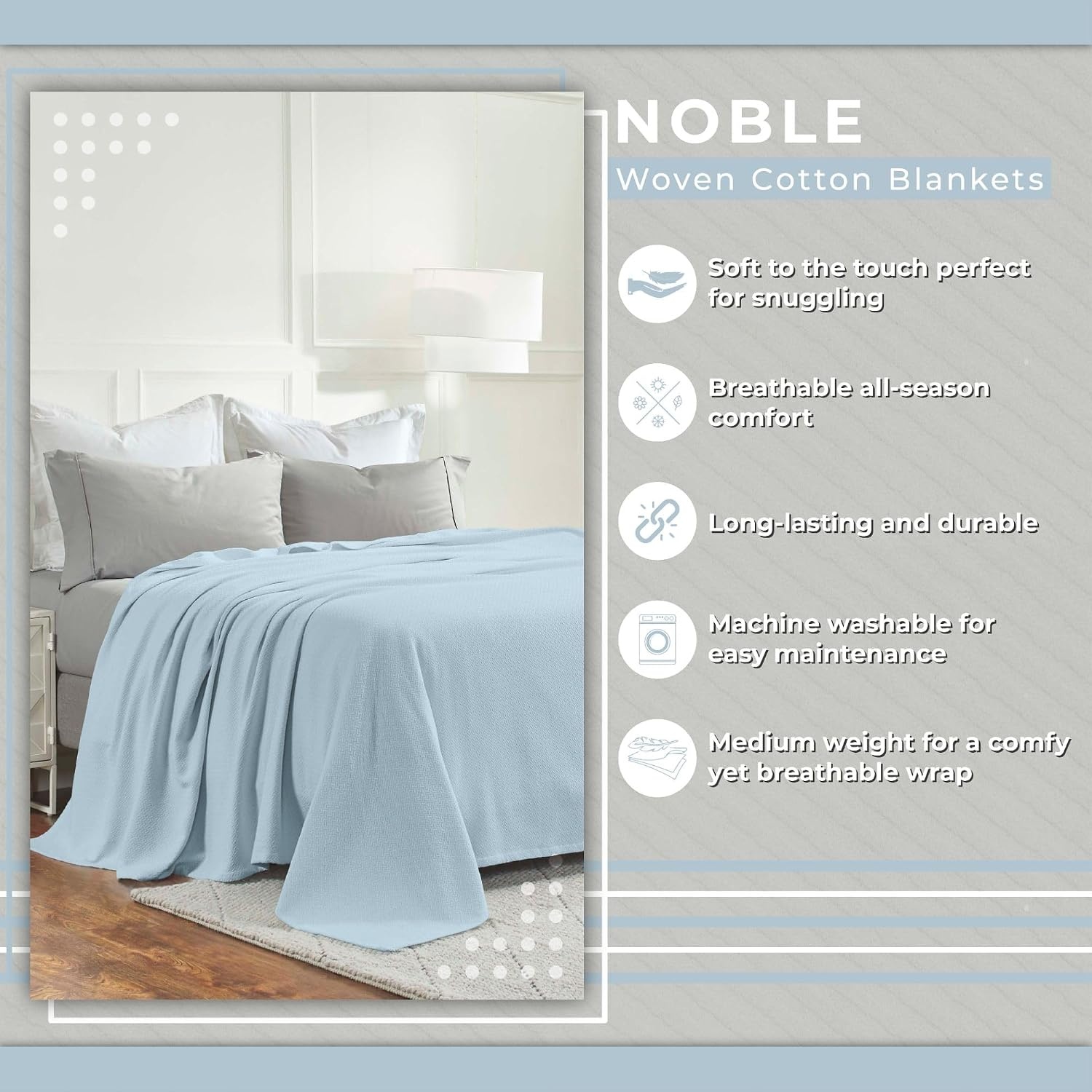 image:imageSUPERIOR Nobel Cotton Blanket for Picnic Beach Traveling or Camping Bedroom Essentials Cover for Bed Couch Lounging Textured Jacquard Classic Chevron Woven Blanket California King WhiteLight Blue