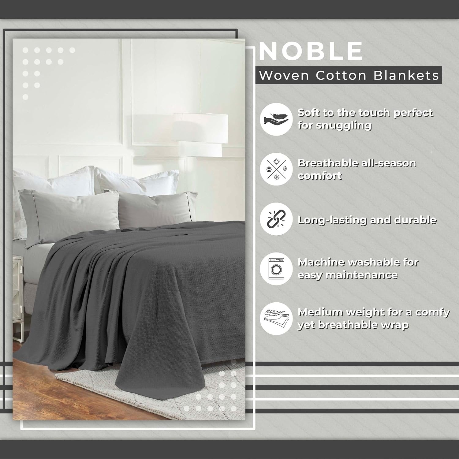 image:imageSUPERIOR Nobel Cotton Blanket for Picnic Beach Traveling or Camping Bedroom Essentials Cover for Bed Couch Lounging Textured Jacquard Classic Chevron Woven Blanket California King WhiteCharcoal