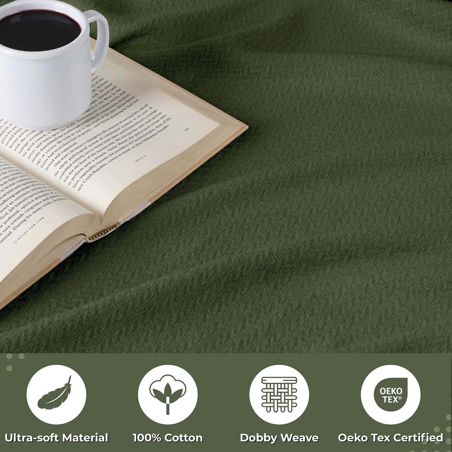 image:imageSUPERIOR Nobel Cotton Blanket for Picnic Beach Traveling or Camping Bedroom Essentials Cover for Bed Couch Lounging Textured Jacquard Classic Chevron Woven Blanket California King WhiteForest Green