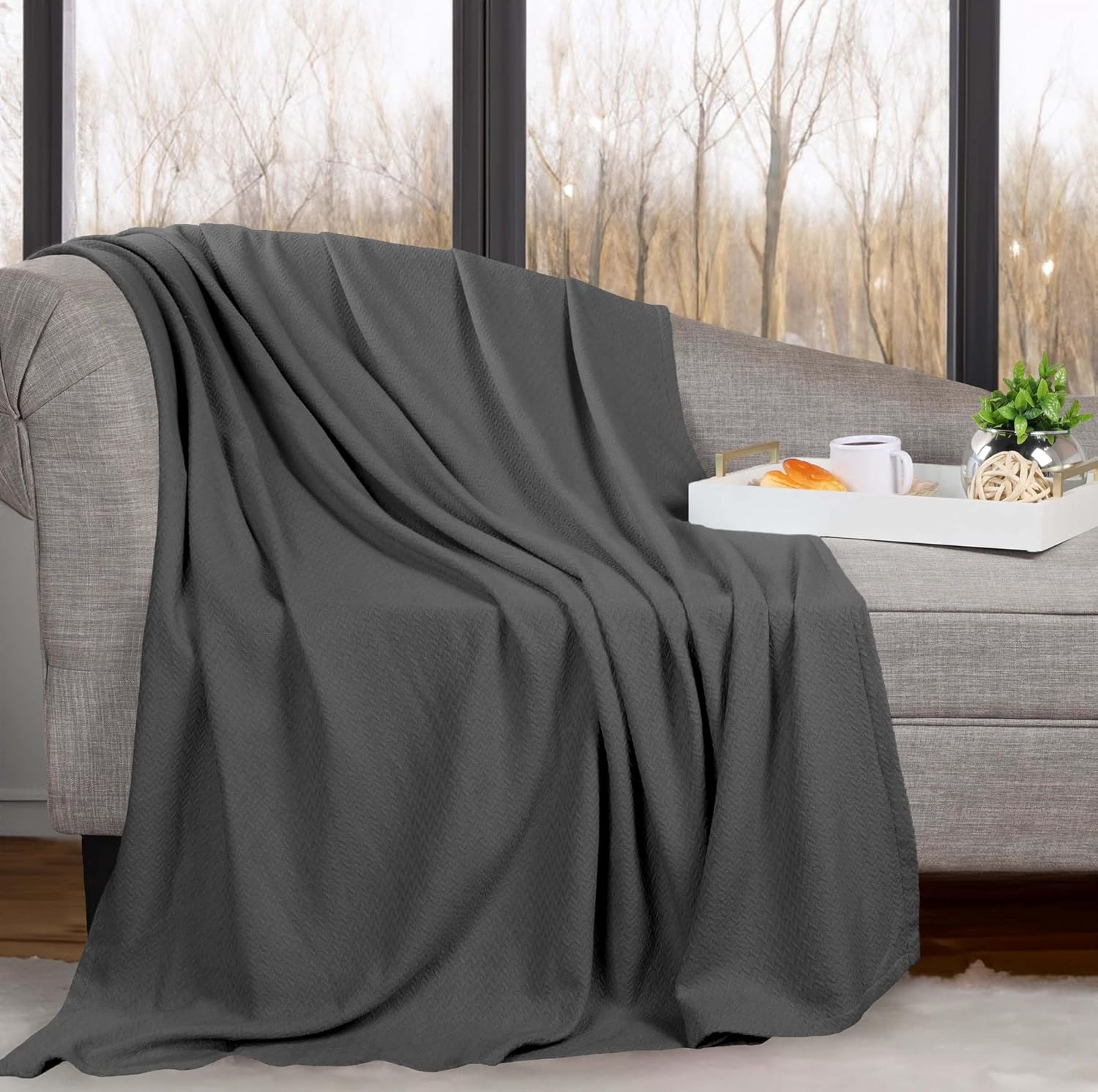 image:imageSUPERIOR Nobel Cotton Blanket for Picnic Beach Traveling or Camping Bedroom Essentials Cover for Bed Couch Lounging Textured Jacquard Classic Chevron Woven Blanket California King WhiteCharcoal