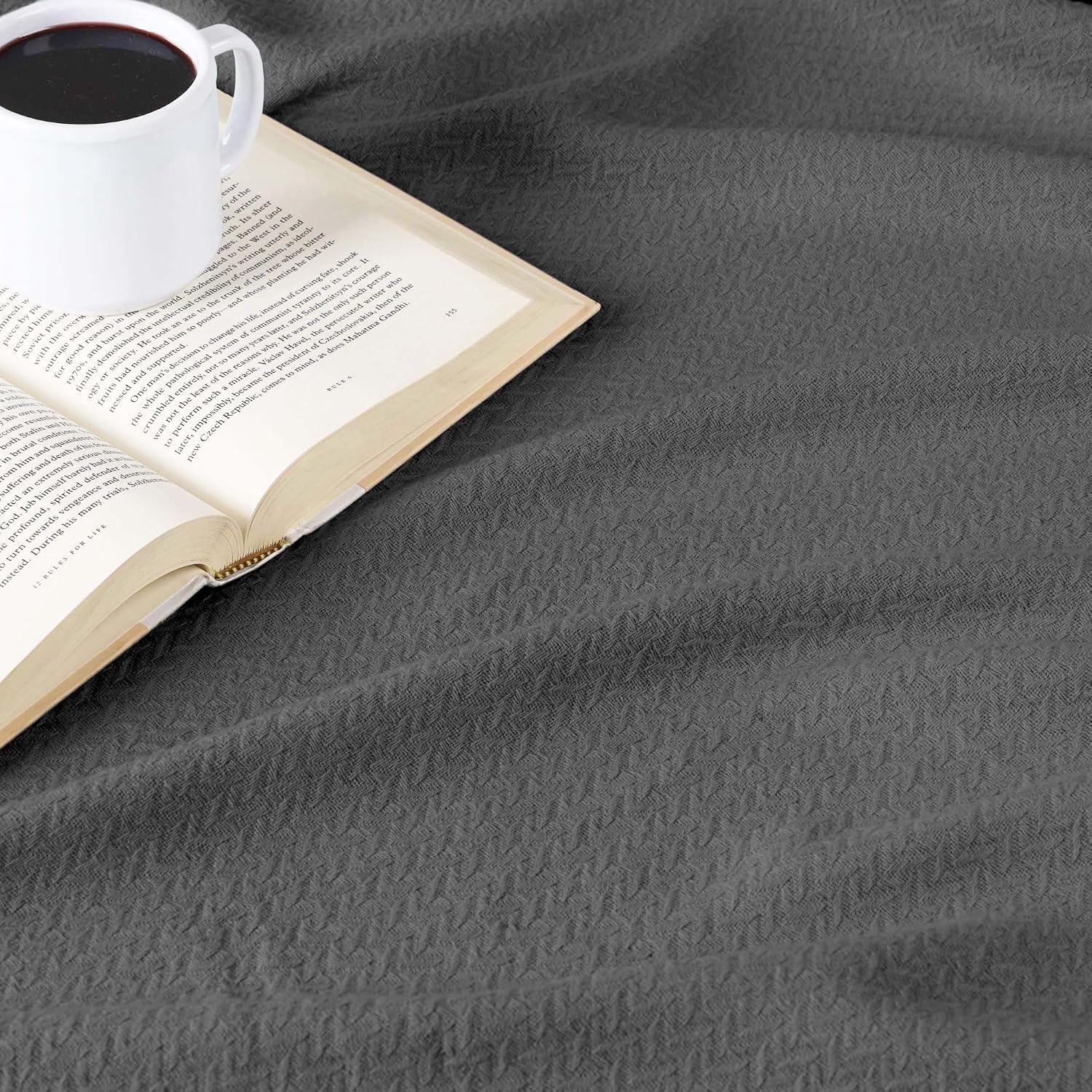 image:imageSUPERIOR Nobel Cotton Blanket for Picnic Beach Traveling or Camping Bedroom Essentials Cover for Bed Couch Lounging Textured Jacquard Classic Chevron Woven Blanket California King WhiteCharcoal