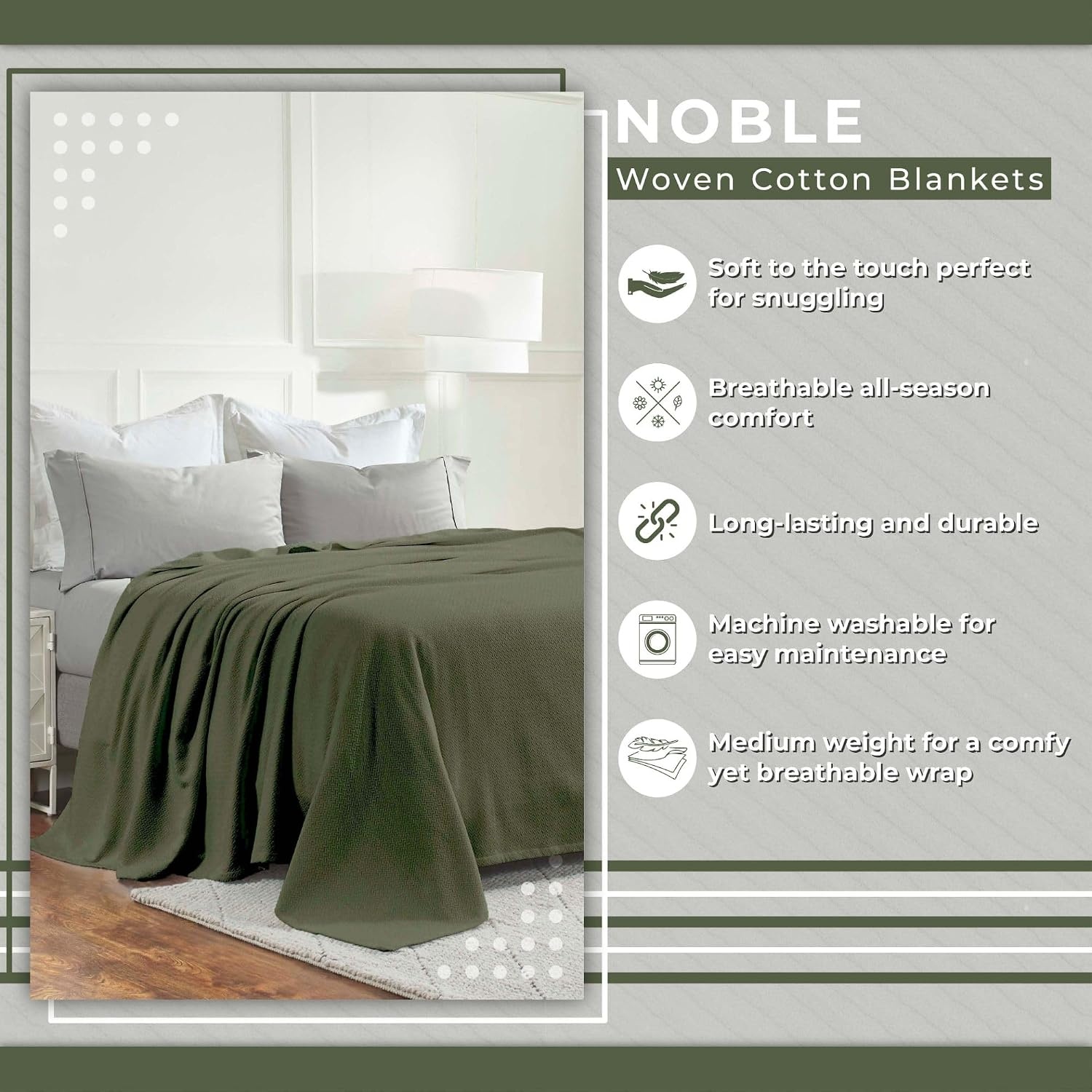 image:imageSUPERIOR Nobel Cotton Blanket for Picnic Beach Traveling or Camping Bedroom Essentials Cover for Bed Couch Lounging Textured Jacquard Classic Chevron Woven Blanket California King WhiteForest Green