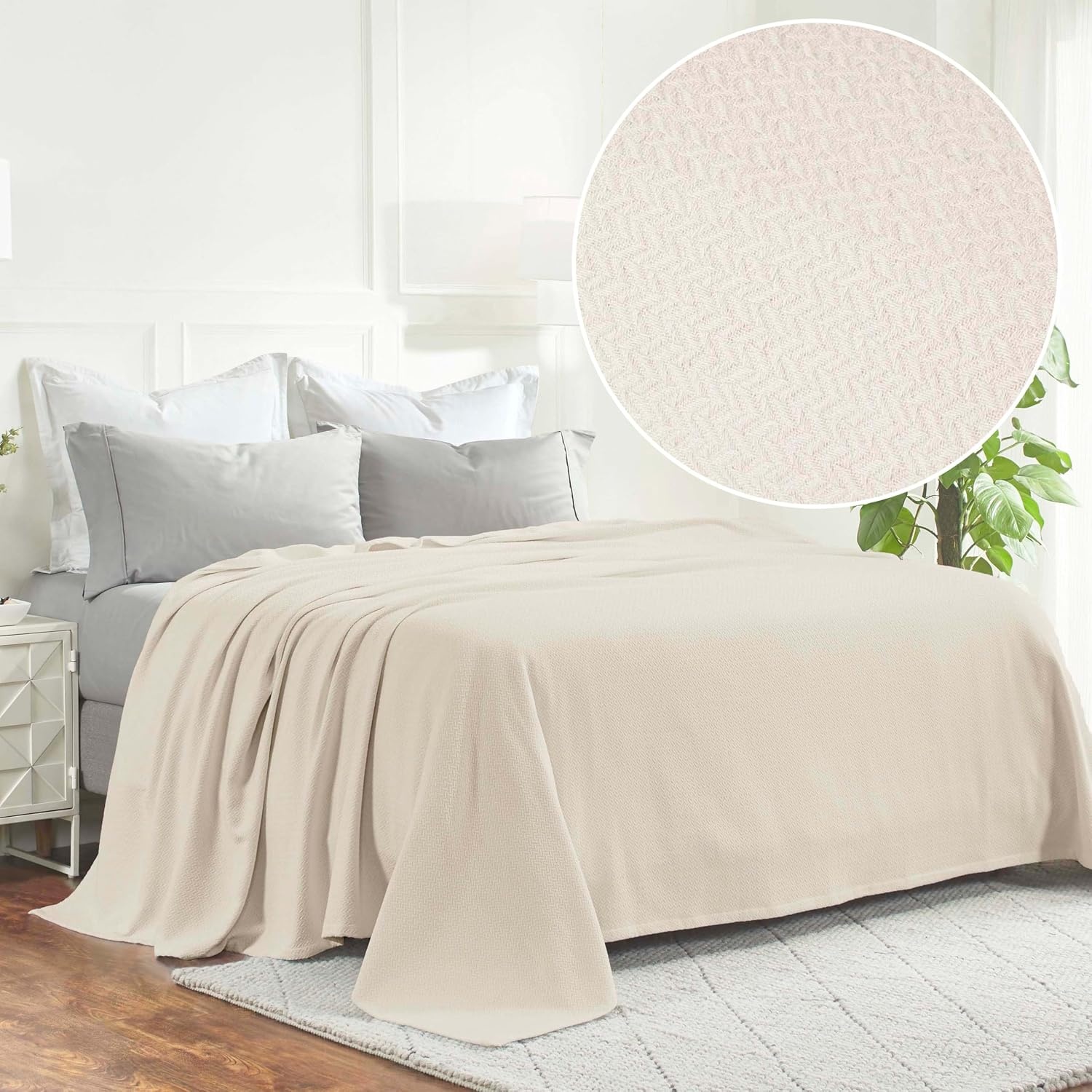 image:imageSUPERIOR Nobel Cotton Blanket for Picnic Beach Traveling or Camping Bedroom Essentials Cover for Bed Couch Lounging Textured Jacquard Classic Chevron Woven Blanket California King WhiteIvory