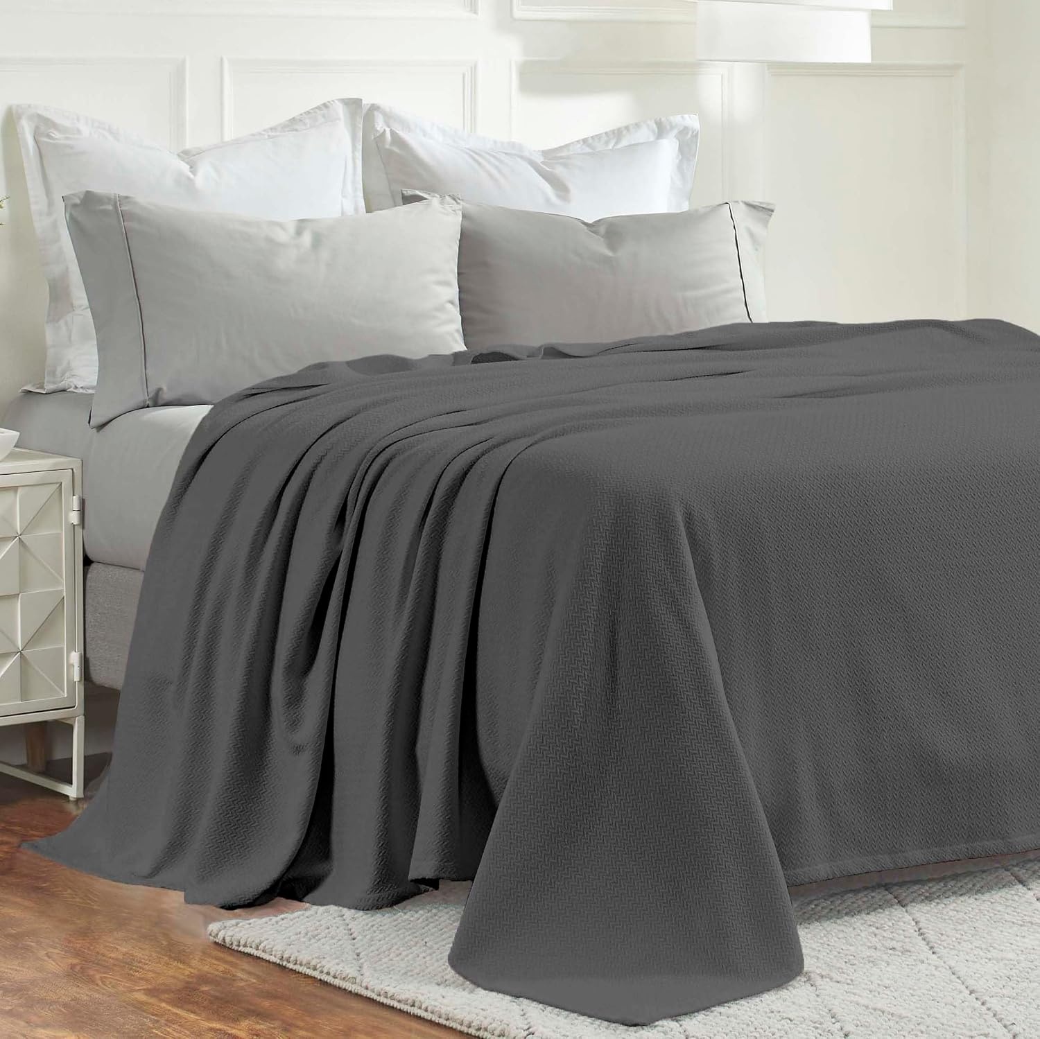 image:imageSUPERIOR Nobel Cotton Blanket for Picnic Beach Traveling or Camping Bedroom Essentials Cover for Bed Couch Lounging Textured Jacquard Classic Chevron Woven Blanket California King WhiteCharcoal