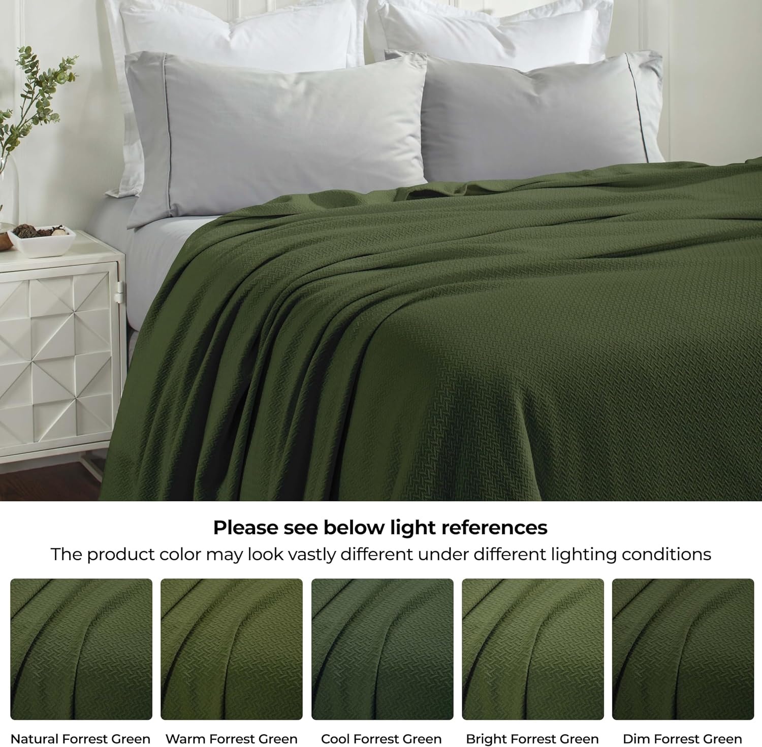 image:imageSUPERIOR Nobel Cotton Blanket for Picnic Beach Traveling or Camping Bedroom Essentials Cover for Bed Couch Lounging Textured Jacquard Classic Chevron Woven Blanket California King WhiteForest Green