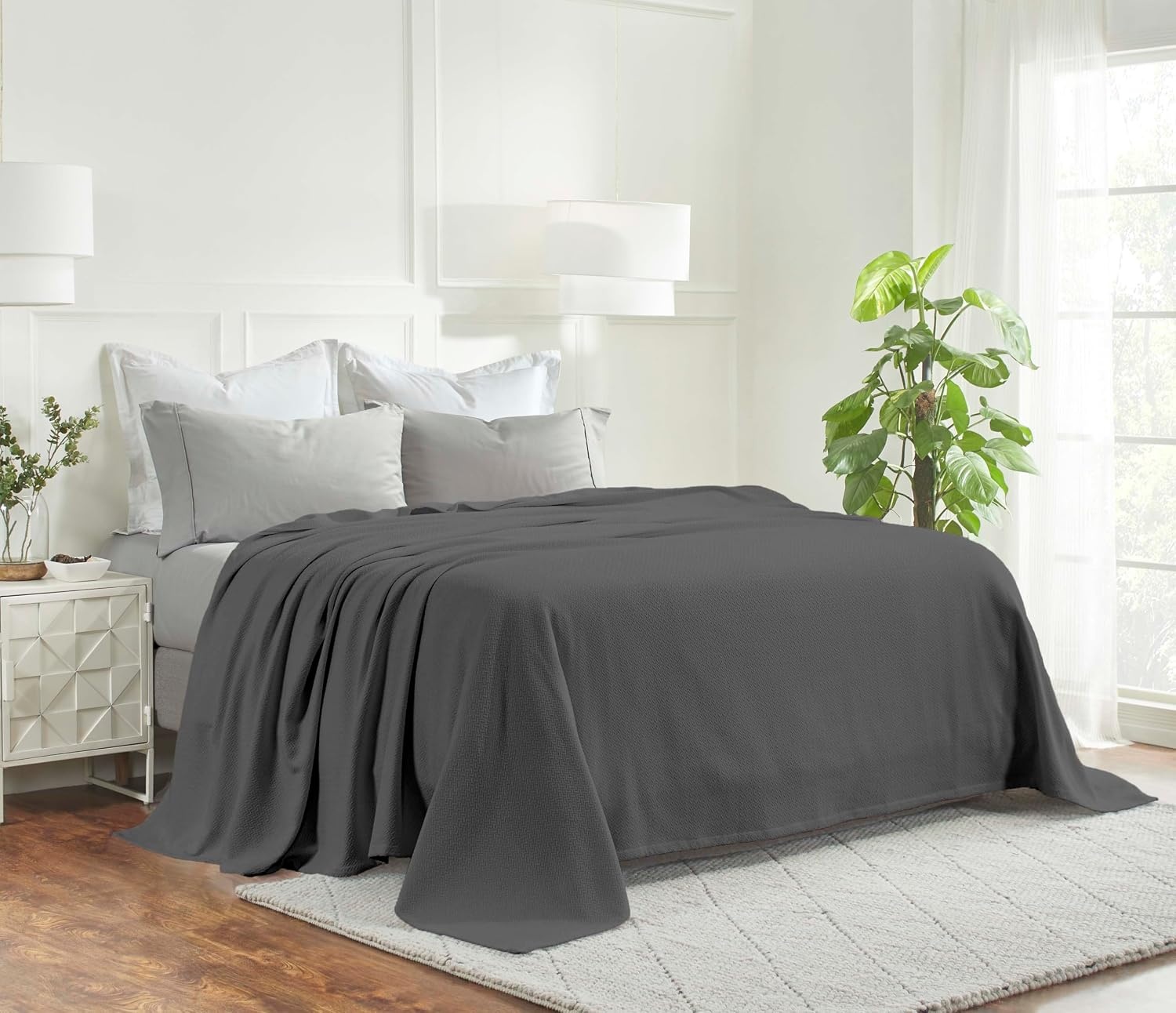 image:imageSUPERIOR Nobel Cotton Blanket for Picnic Beach Traveling or Camping Bedroom Essentials Cover for Bed Couch Lounging Textured Jacquard Classic Chevron Woven Blanket California King WhiteCharcoal