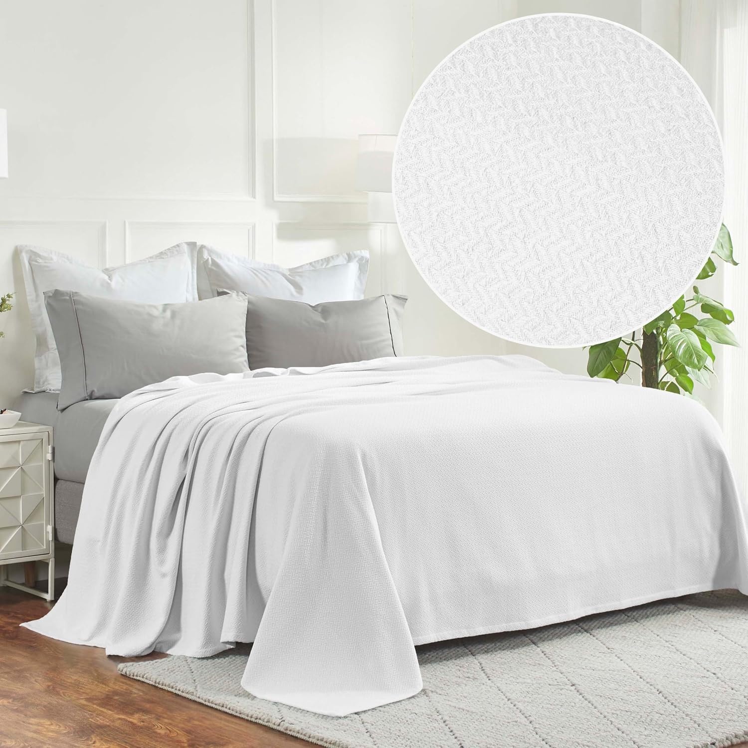 image:imageSUPERIOR Nobel Cotton Blanket for Picnic Beach Traveling or Camping Bedroom Essentials Cover for Bed Couch Lounging Textured Jacquard Classic Chevron Woven Blanket California King WhiteWhite