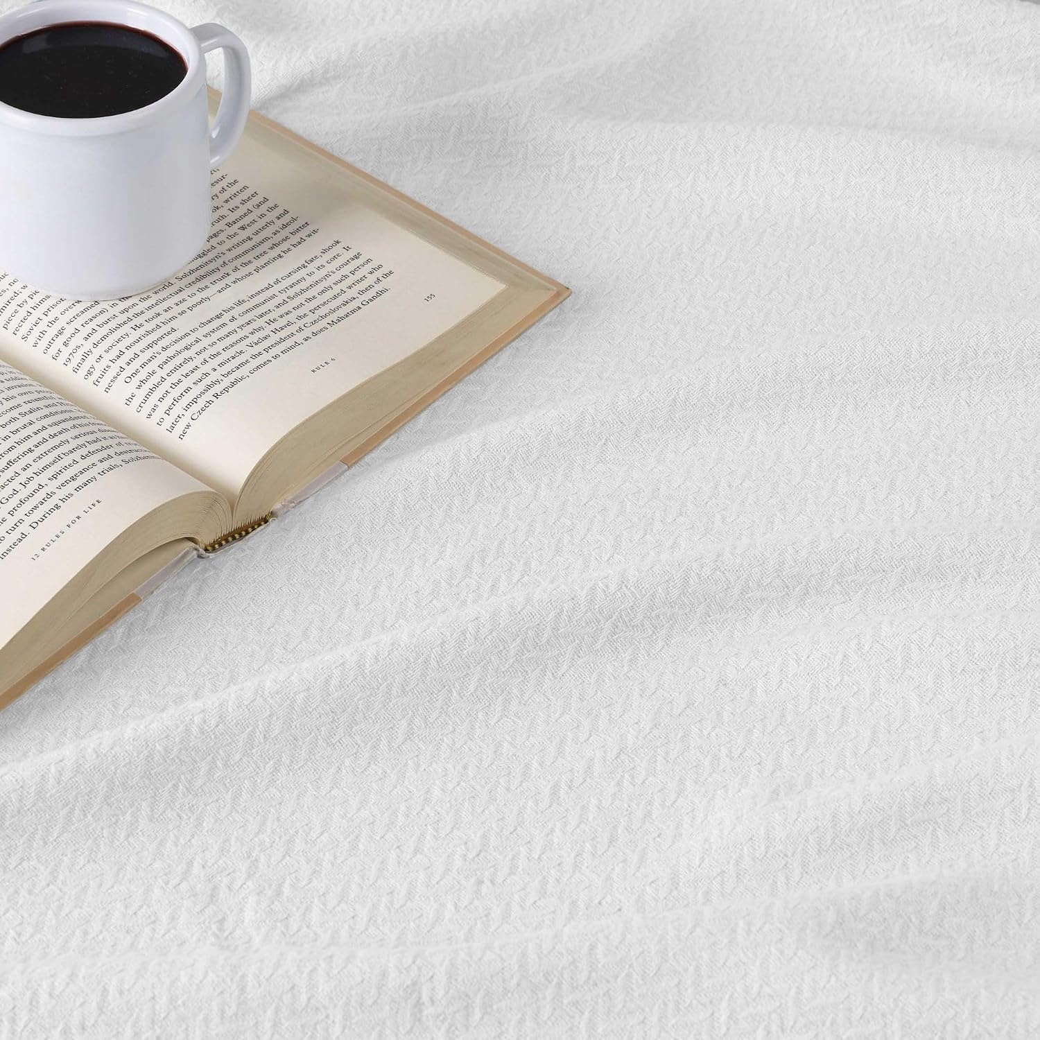 image:imageSUPERIOR Nobel Cotton Blanket for Picnic Beach Traveling or Camping Bedroom Essentials Cover for Bed Couch Lounging Textured Jacquard Classic Chevron Woven Blanket California King WhiteWhite
