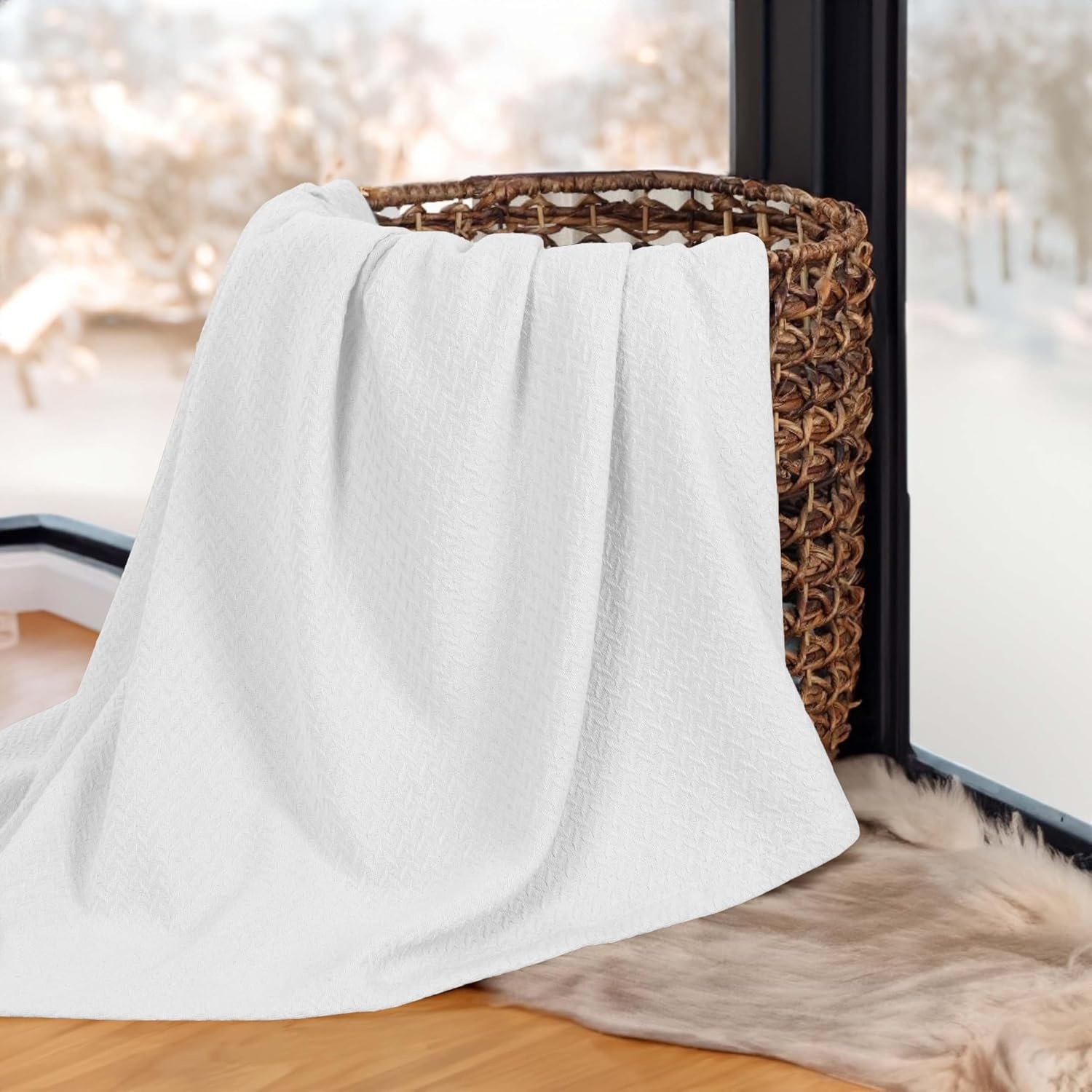 image:imageSUPERIOR Nobel Cotton Blanket for Picnic Beach Traveling or Camping Bedroom Essentials Cover for Bed Couch Lounging Textured Jacquard Classic Chevron Woven Blanket California King WhiteWhite