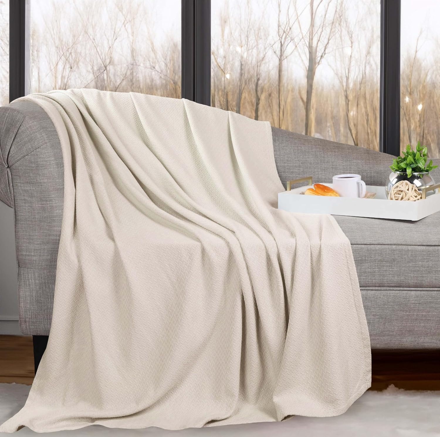 image:imageSUPERIOR Nobel Cotton Blanket for Picnic Beach Traveling or Camping Bedroom Essentials Cover for Bed Couch Lounging Textured Jacquard Classic Chevron Woven Blanket California King WhiteIvory