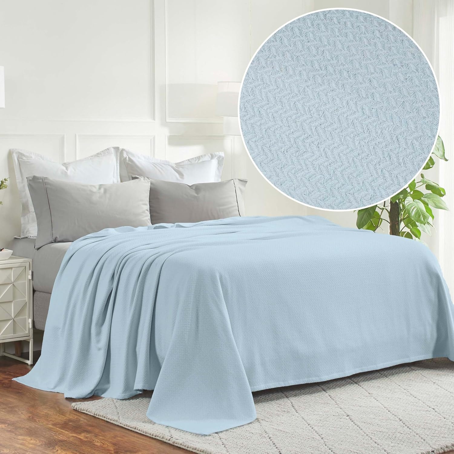 image:imageSUPERIOR Nobel Cotton Blanket for Picnic Beach Traveling or Camping Bedroom Essentials Cover for Bed Couch Lounging Textured Jacquard Classic Chevron Woven Blanket California King WhiteLight Blue