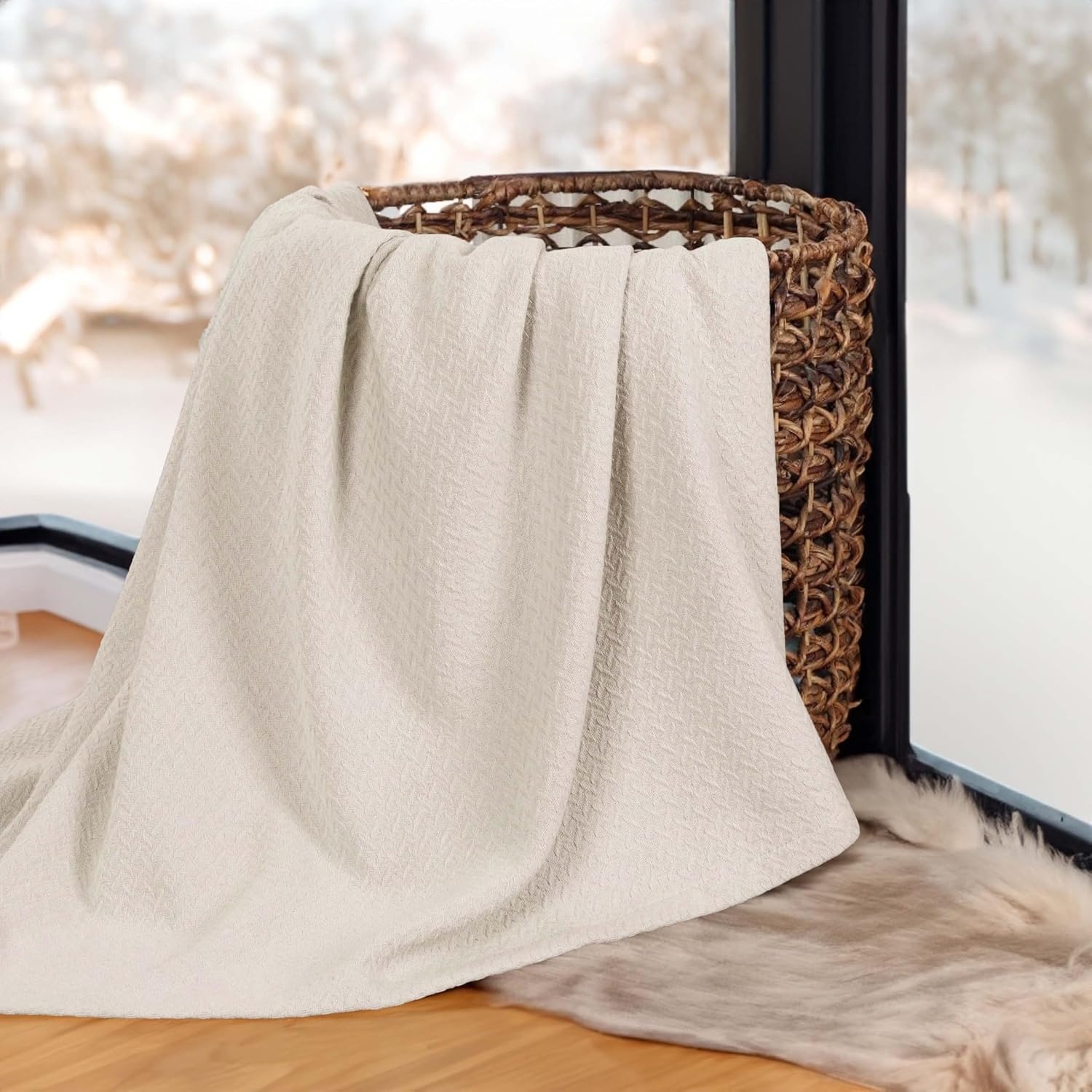 image:imageSUPERIOR Nobel Cotton Blanket for Picnic Beach Traveling or Camping Bedroom Essentials Cover for Bed Couch Lounging Textured Jacquard Classic Chevron Woven Blanket California King WhiteIvory