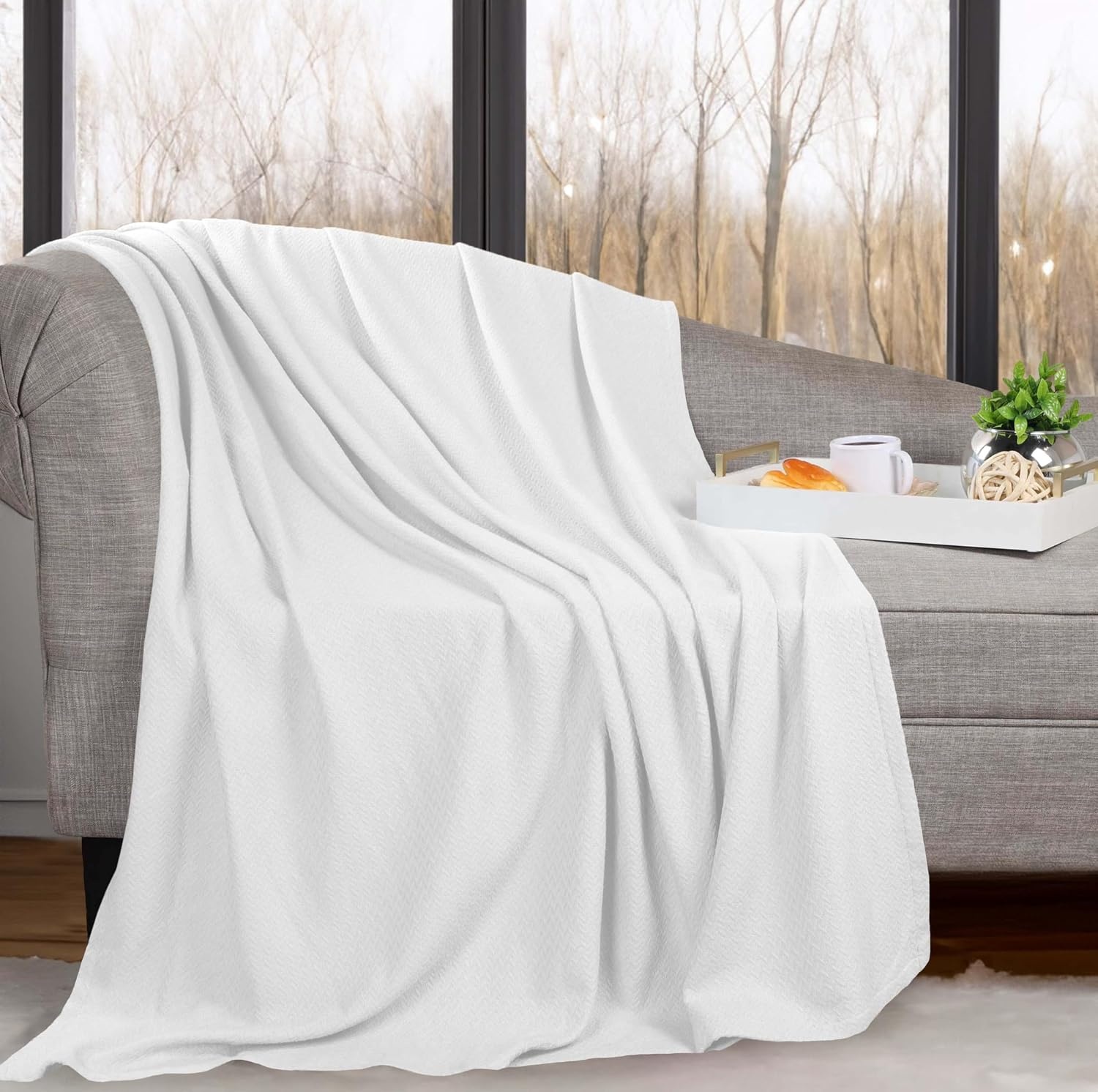 image:imageSUPERIOR Nobel Cotton Blanket for Picnic Beach Traveling or Camping Bedroom Essentials Cover for Bed Couch Lounging Textured Jacquard Classic Chevron Woven Blanket California King WhiteWhite
