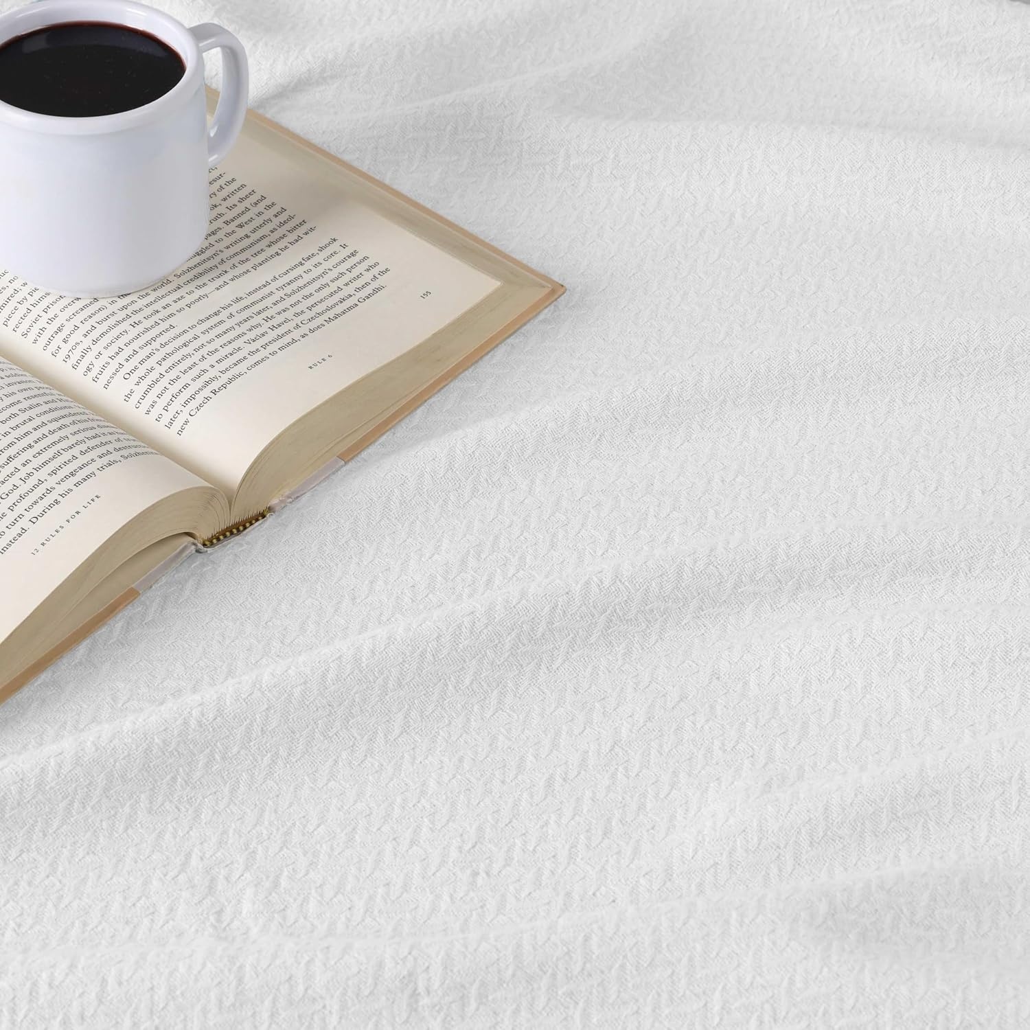 image:imageSUPERIOR Nobel Cotton Blanket for Picnic Beach Traveling or Camping Bedroom Essentials Cover for Bed Couch Lounging Textured Jacquard Classic Chevron Woven Blanket California King WhiteWhite