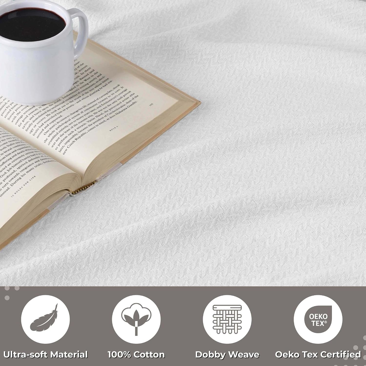 image:imageSUPERIOR Nobel Cotton Blanket for Picnic Beach Traveling or Camping Bedroom Essentials Cover for Bed Couch Lounging Textured Jacquard Classic Chevron Woven Blanket California King WhiteWhite