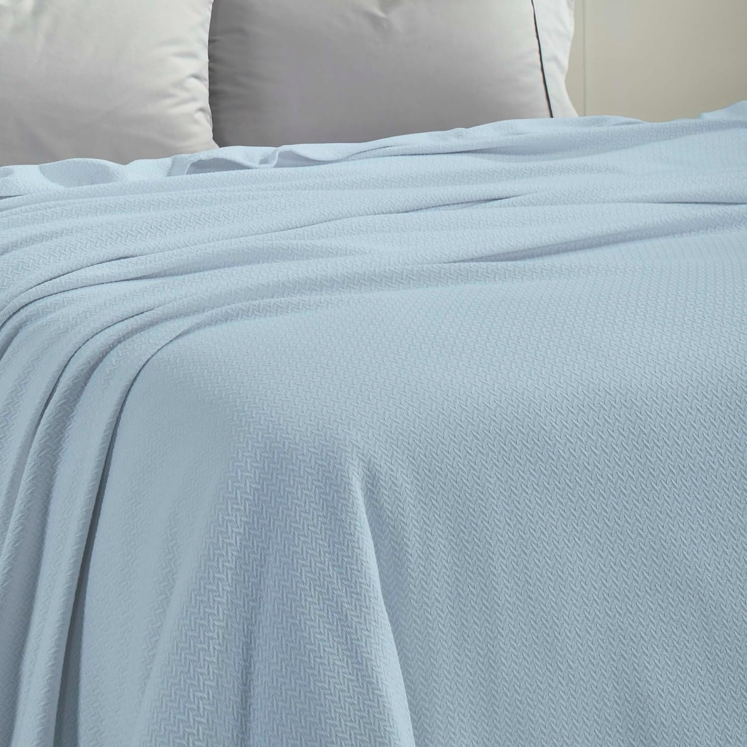 image:imageSUPERIOR Nobel Cotton Blanket for Picnic Beach Traveling or Camping Bedroom Essentials Cover for Bed Couch Lounging Textured Jacquard Classic Chevron Woven Blanket California King WhiteLight Blue