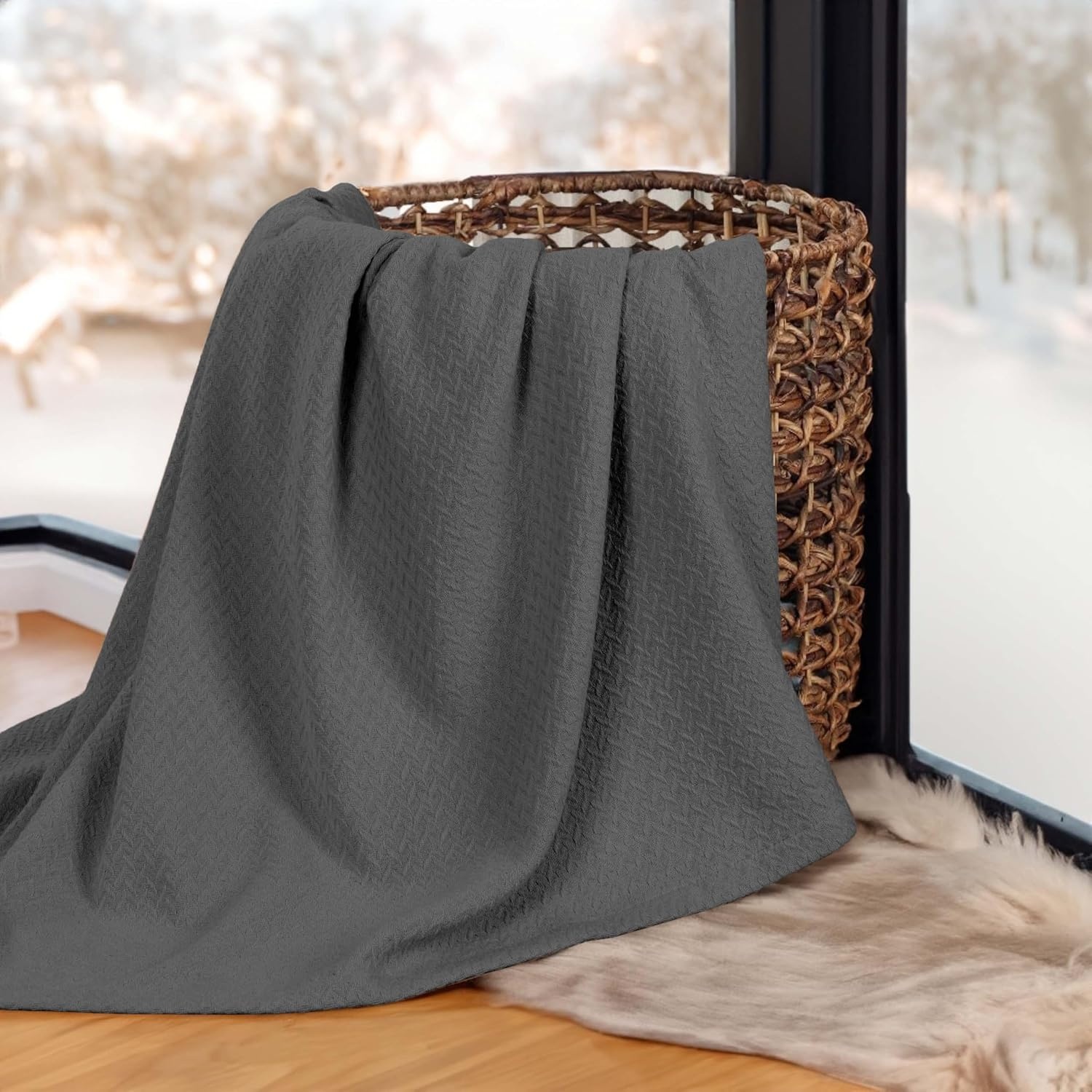 image:imageSUPERIOR Nobel Cotton Blanket for Picnic Beach Traveling or Camping Bedroom Essentials Cover for Bed Couch Lounging Textured Jacquard Classic Chevron Woven Blanket California King WhiteCharcoal