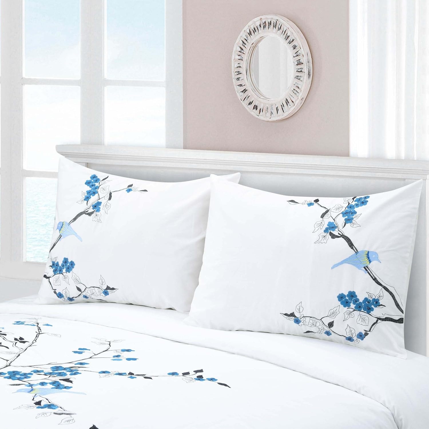 image:imageSuperior Cherry Garden Cotton 200 Thread Count Duvet Cover Set Comforter Cover Bed Essentials Embroidered Cherry Tree amp Birds Includes 1 Duvet Cover 2 Pillow Shams KingCalifornia King CoralBlue Z