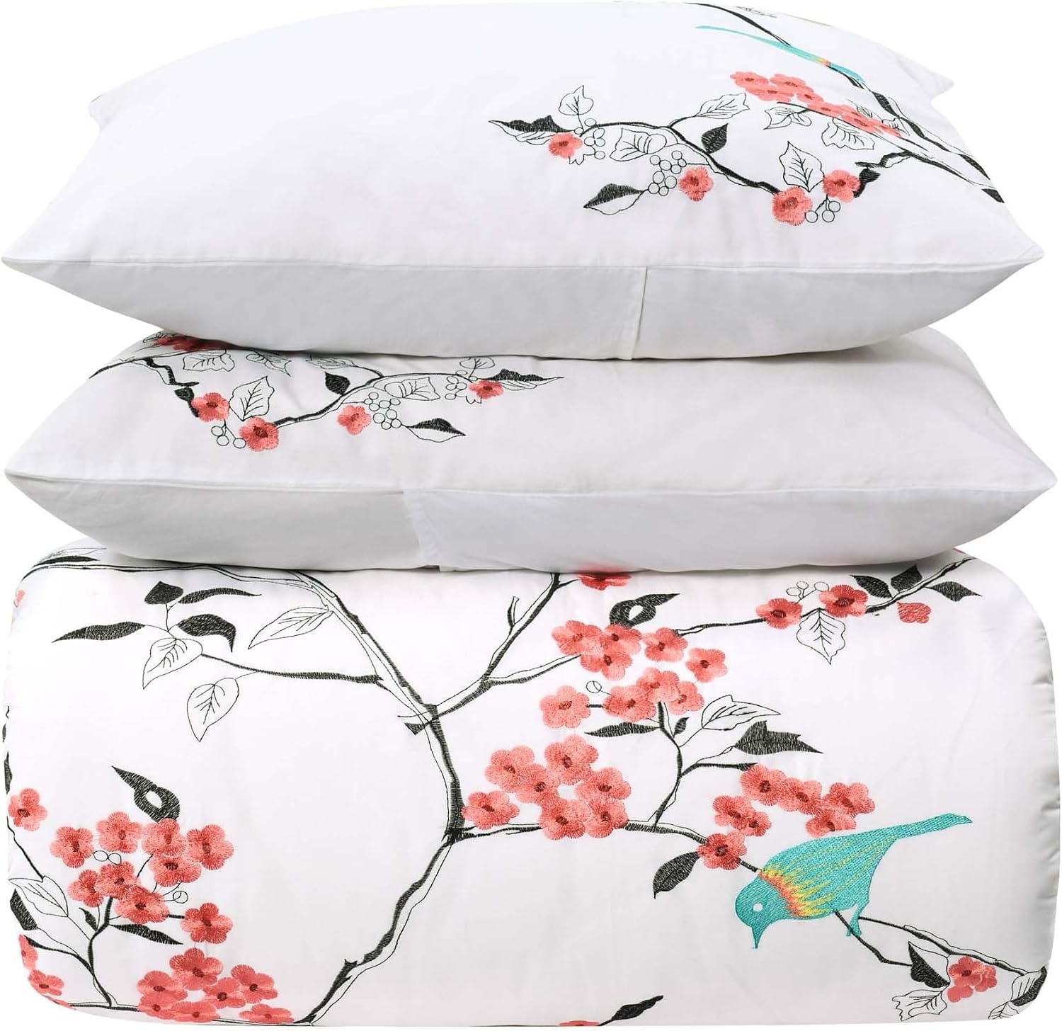 image:imageSuperior Cherry Garden Cotton 200 Thread Count Duvet Cover Set Comforter Cover Bed Essentials Embroidered Cherry Tree amp Birds Includes 1 Duvet Cover 2 Pillow Shams KingCalifornia King CoralCoral Z
