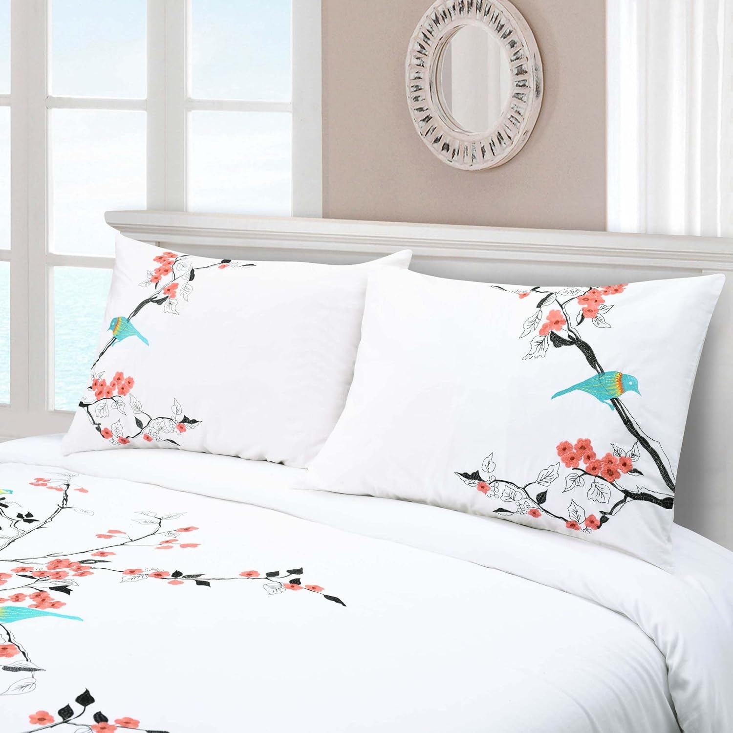 image:imageSuperior Cherry Garden Cotton 200 Thread Count Duvet Cover Set Comforter Cover Bed Essentials Embroidered Cherry Tree amp Birds Includes 1 Duvet Cover 2 Pillow Shams KingCalifornia King CoralCoral Z
