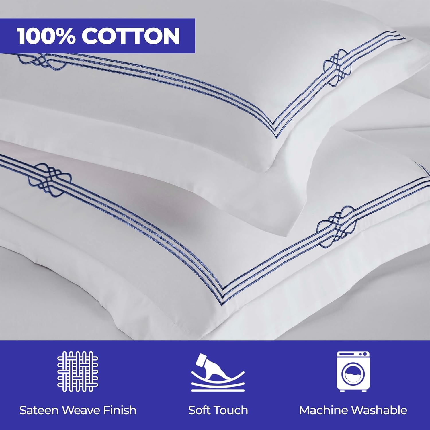 image:imageSuperior Embroidered Cotton Duvet Cover Set Soft Bedding Covers Bedroom 1 Duvet Cover with Button Closure 2 Pillow Shams Elegant Design Moonlawn Collection KingCalifornia King WhiteSilverWhitenavy Blue