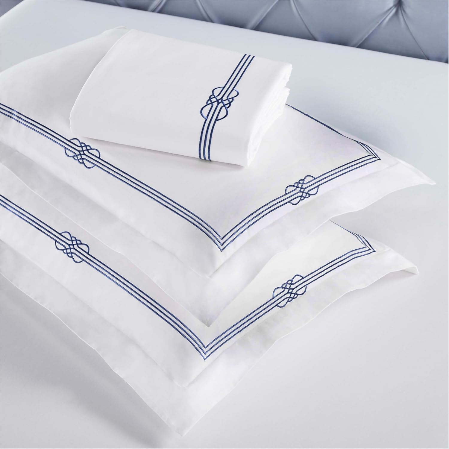 image:imageSuperior Embroidered Cotton Duvet Cover Set Soft Bedding Covers Bedroom 1 Duvet Cover with Button Closure 2 Pillow Shams Elegant Design Moonlawn Collection KingCalifornia King WhiteSilverWhitenavy Blue