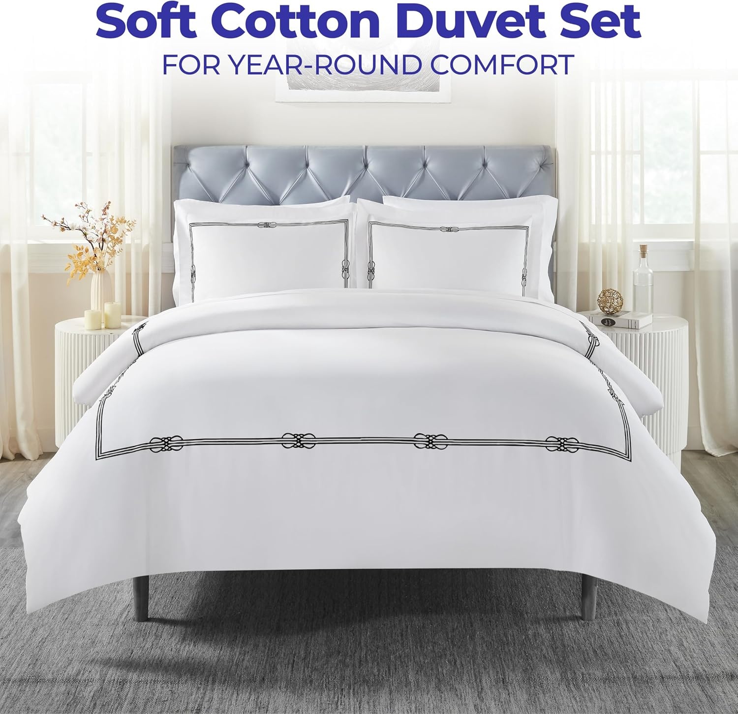 image:imageSuperior Embroidered Cotton Duvet Cover Set Soft Bedding Covers Bedroom 1 Duvet Cover with Button Closure 2 Pillow Shams Elegant Design Moonlawn Collection KingCalifornia King WhiteSilverWhiteblack