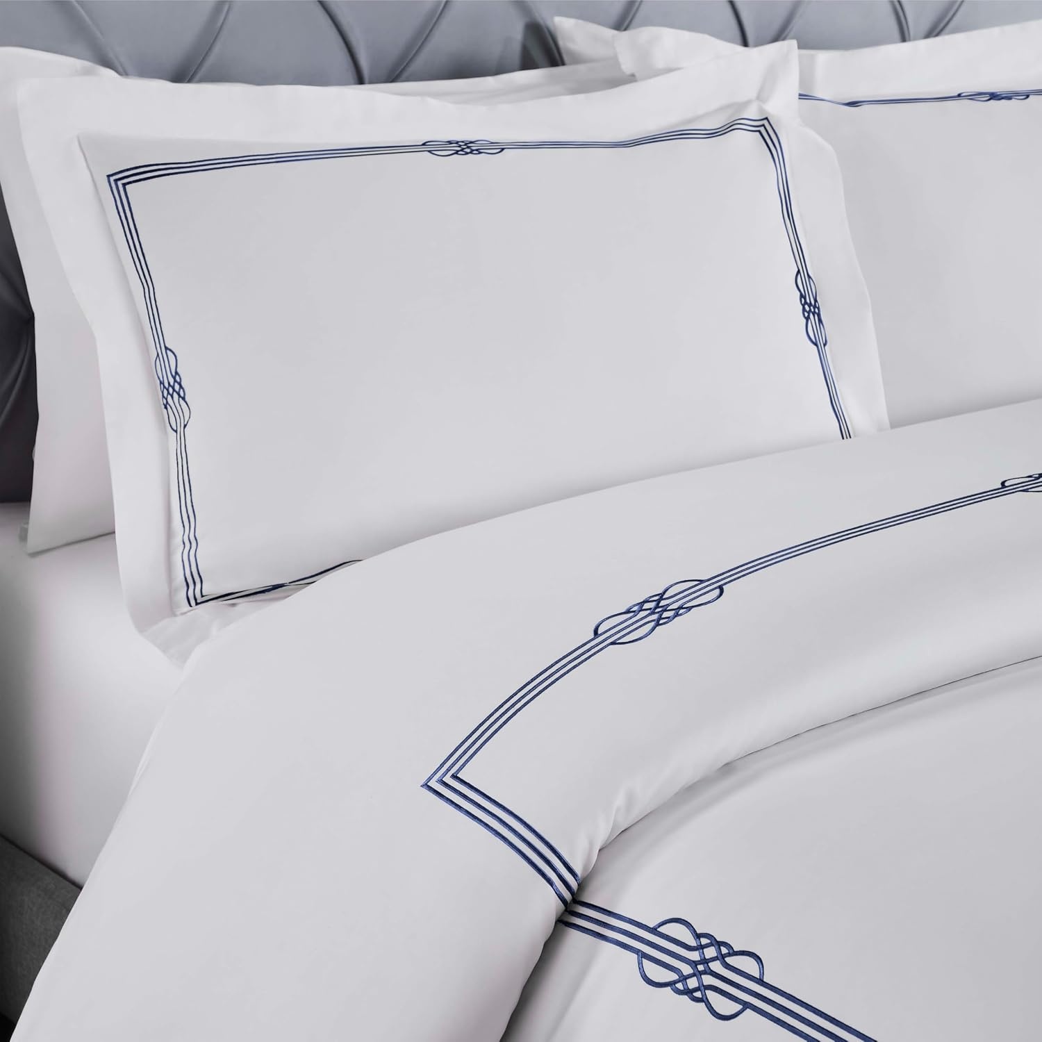 image:imageSuperior Embroidered Cotton Duvet Cover Set Soft Bedding Covers Bedroom 1 Duvet Cover with Button Closure 2 Pillow Shams Elegant Design Moonlawn Collection KingCalifornia King WhiteSilverWhitenavy Blue
