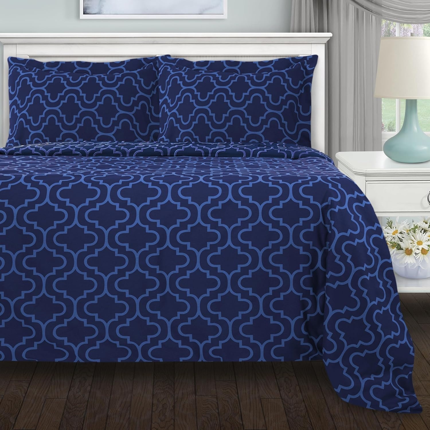 image:imageSuperior Flannel Cotton Duvet Cover Set Warm Fuzzy Comforter Cover Bed Essentials Secure Button Closure Includes 1 Duvet Cover 1 Pillow Sham Trellis Collection Twin Navy Blue