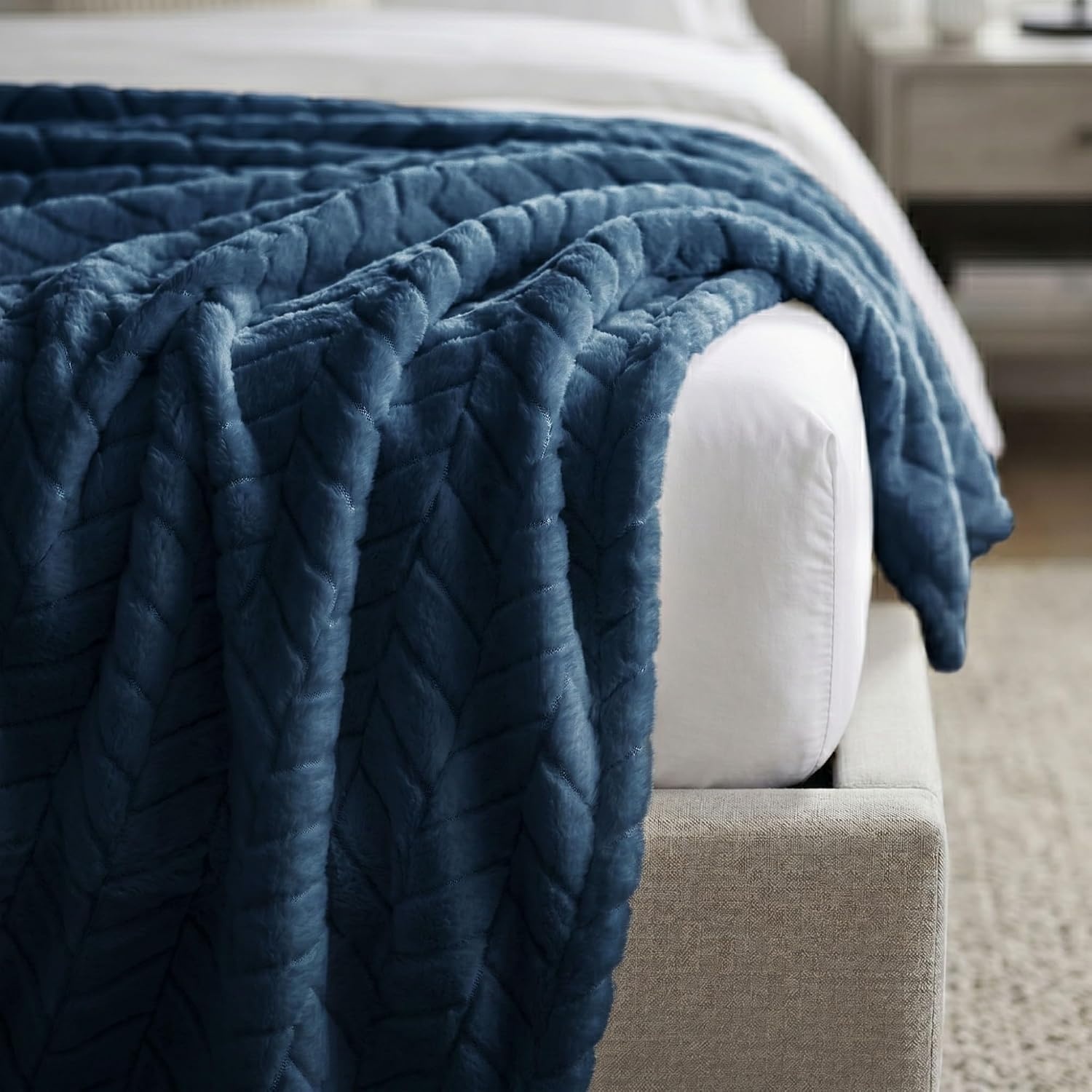 image:imageSuperior Hope Herringbone Fluffy Fleece Blanket Soft Plush Embossed Chevron Throw for Couch Bed and Living Room Decor Bedroom Essentials Cozy Lightweight All Season Cover King Size CharcoalNavy Blue