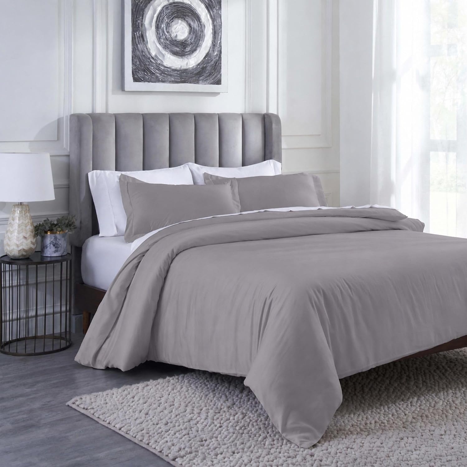image:imageSuperior Modal from Beechwood 400 Thread Count Duvet Cover Set Silky Soft Cool Bedding Essentials Sateen Weave Set Includes 1 Duvet Cover with Button Closure 1 Pillow Sham TwinTwin XL WhiteGrey