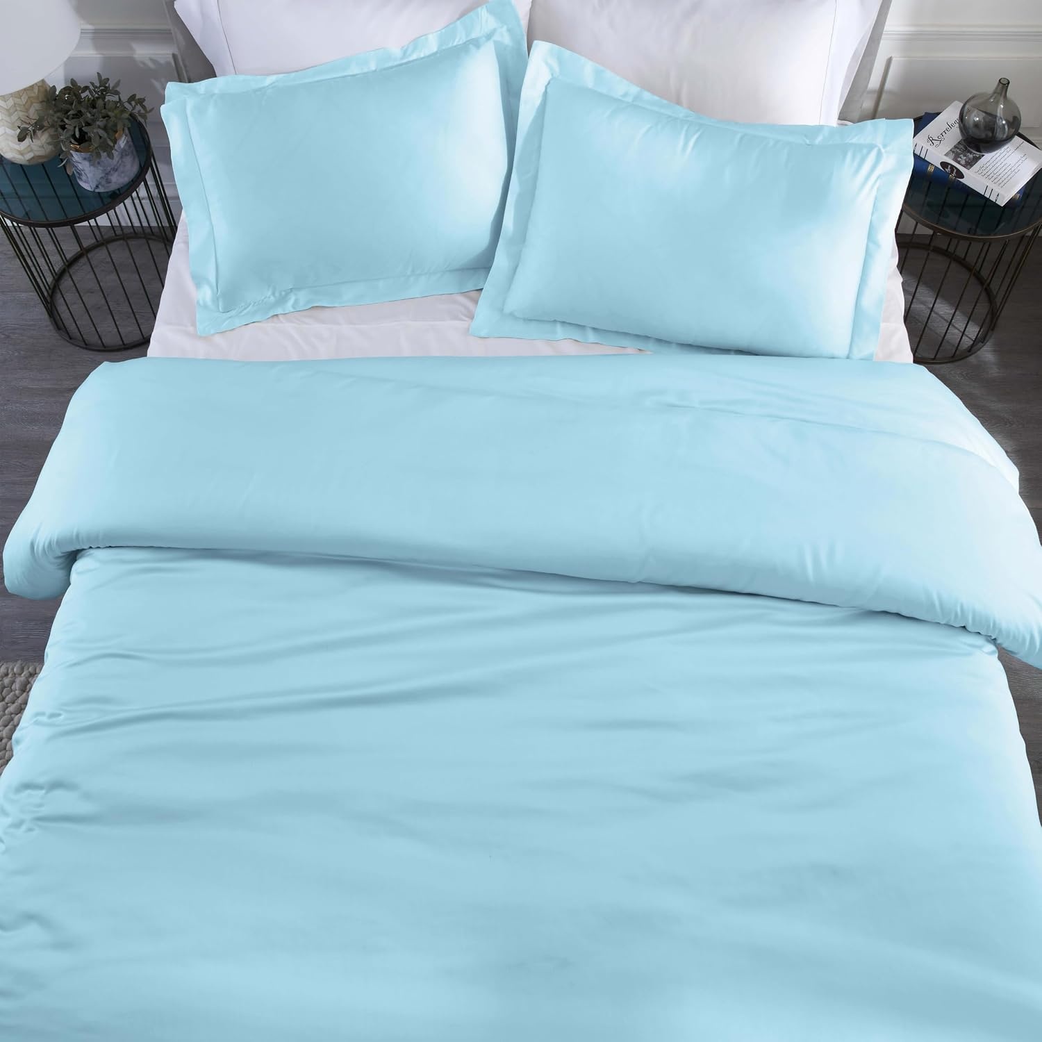 image:imageSuperior Modal from Beechwood 400 Thread Count Duvet Cover Set Silky Soft Cool Bedding Essentials Sateen Weave Set Includes 1 Duvet Cover with Button Closure 1 Pillow Sham TwinTwin XL WhiteLight Blue