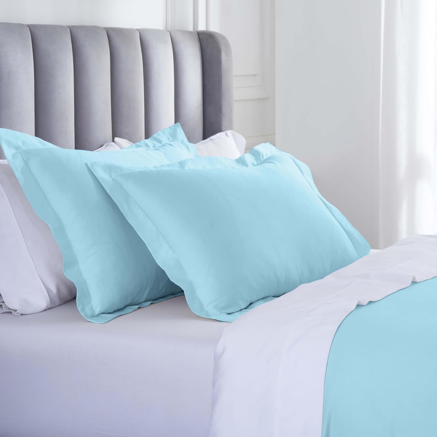 image:imageSuperior Modal from Beechwood 400 Thread Count Duvet Cover Set Silky Soft Cool Bedding Essentials Sateen Weave Set Includes 1 Duvet Cover with Button Closure 1 Pillow Sham TwinTwin XL WhiteLight Blue