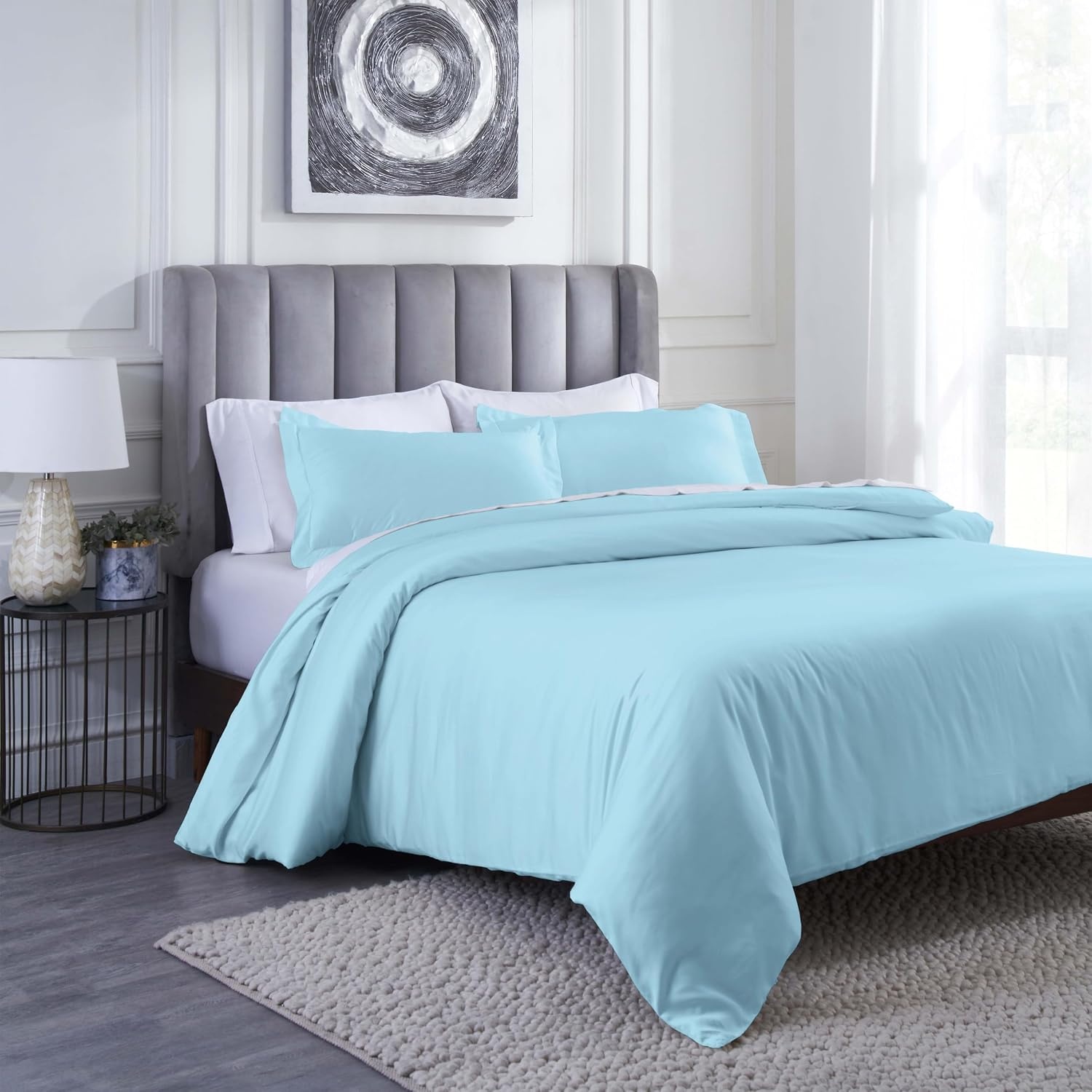 image:imageSuperior Modal from Beechwood 400 Thread Count Duvet Cover Set Silky Soft Cool Bedding Essentials Sateen Weave Set Includes 1 Duvet Cover with Button Closure 1 Pillow Sham TwinTwin XL WhiteLight Blue