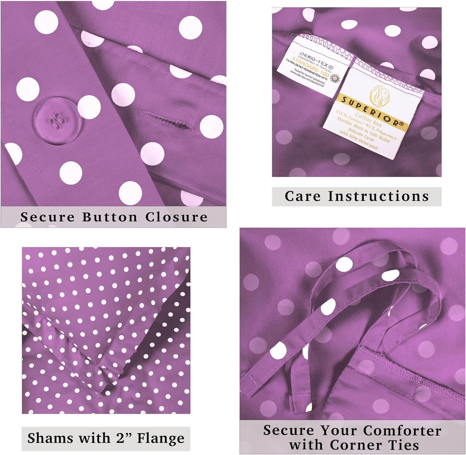 image:imageSuperior Polka Dot Cotton Blend 600 Thread Count Duvet Cover Set Oversized Comforter Cover Retro Bedding Essentials Button Closure Includes 1 Duvet Cover 2 Pillow Shams FullQueen LilacLilac Z