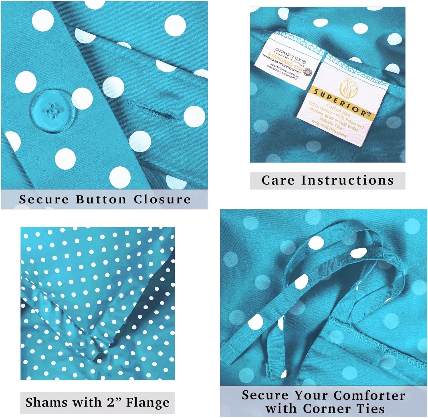 image:imageSuperior Polka Dot Cotton Blend 600 Thread Count Duvet Cover Set Oversized Comforter Cover Retro Bedding Essentials Button Closure Includes 1 Duvet Cover 2 Pillow Shams FullQueen LilacAqua Z